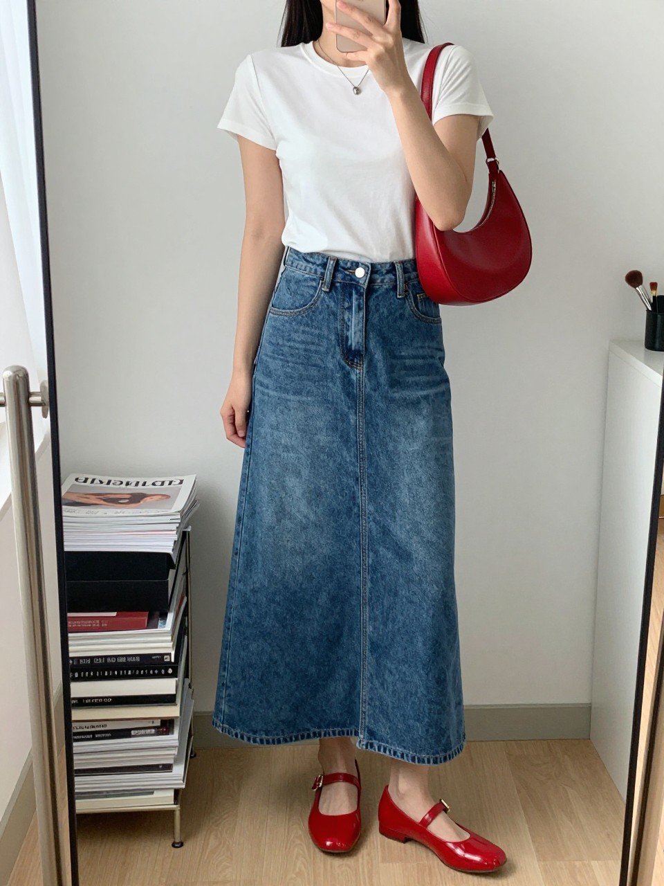 mirror selfie of a woman wearing a medium blue denim maxi skirt with front slit, white fitted baby tee, glossy red jelly shoes, red crescent shoulder bag, and delicate silver necklace, clearly showing the same clothing items, colors, fabrics, and accessories listed in the Outfit Pieces section, holding a phone in front of a mirror, cropped at NECK so the face does not show, with a relaxed casual selfie pose, in a fashion studio mirror corner, natural window light, including a stack of fashion magazines on a side table and a makeup brush on the counter, latest iPhone photo quality.