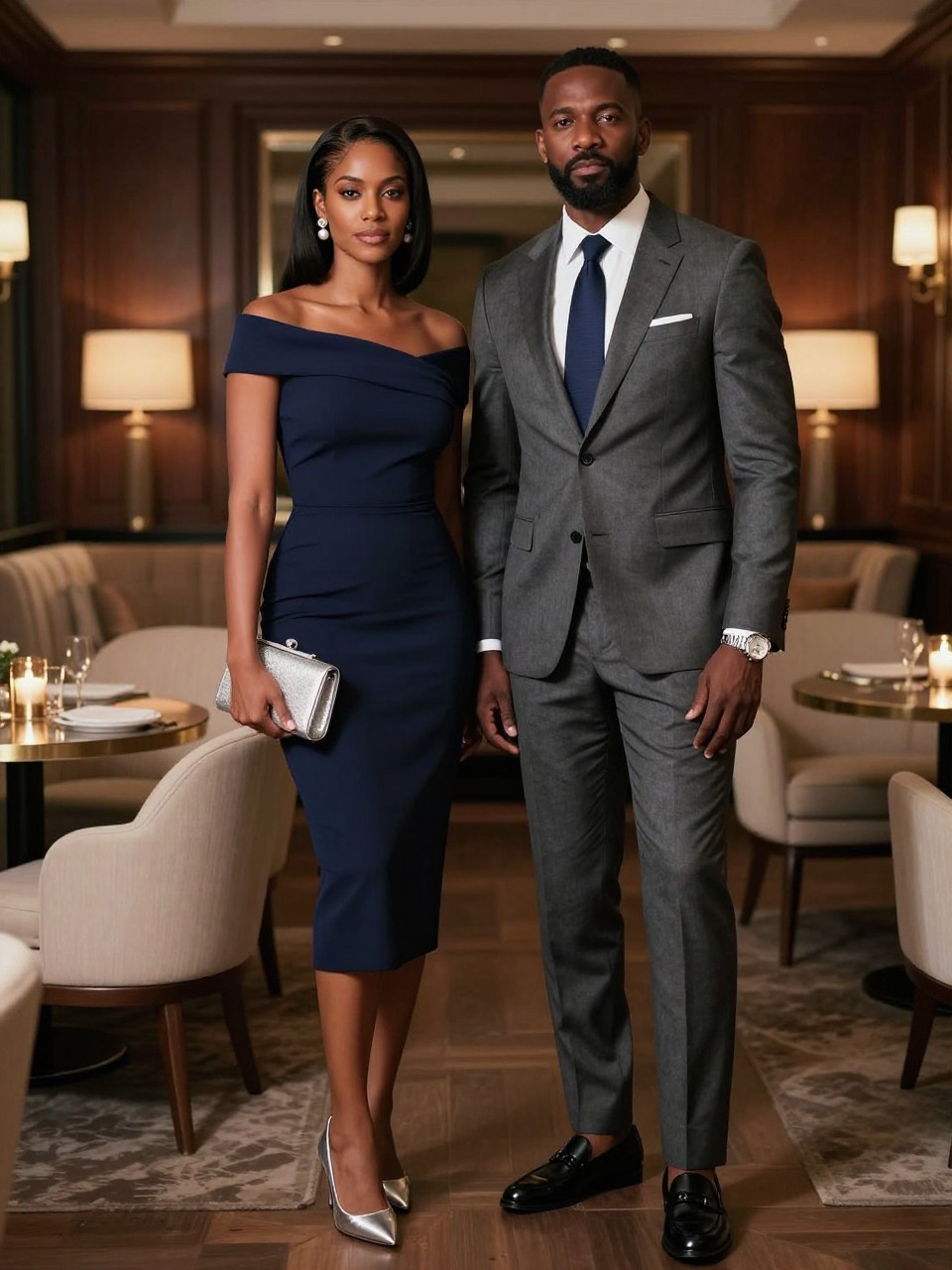 Image Prompt:
A classy old money couple evening outfit featuring a Black couple standing inside a luxury hotel lounge with dark wood walls, cream chairs, soft lamps, and candlelit tables. The woman wears a navy off-shoulder midi dress with silver pointed heels, pearl earrings, a small silver clutch, and sleek side-parted hair. The man wears a charcoal gray tailored suit with a white dress shirt, navy tie, black leather loafers, and a silver watch. Both outfits should feel formal, refined, and coordinated through navy, gray, white, and silver details. Realistic DSLR editorial fashion photo, full-body couple pose, elegant evening setting, no text, no watermark.