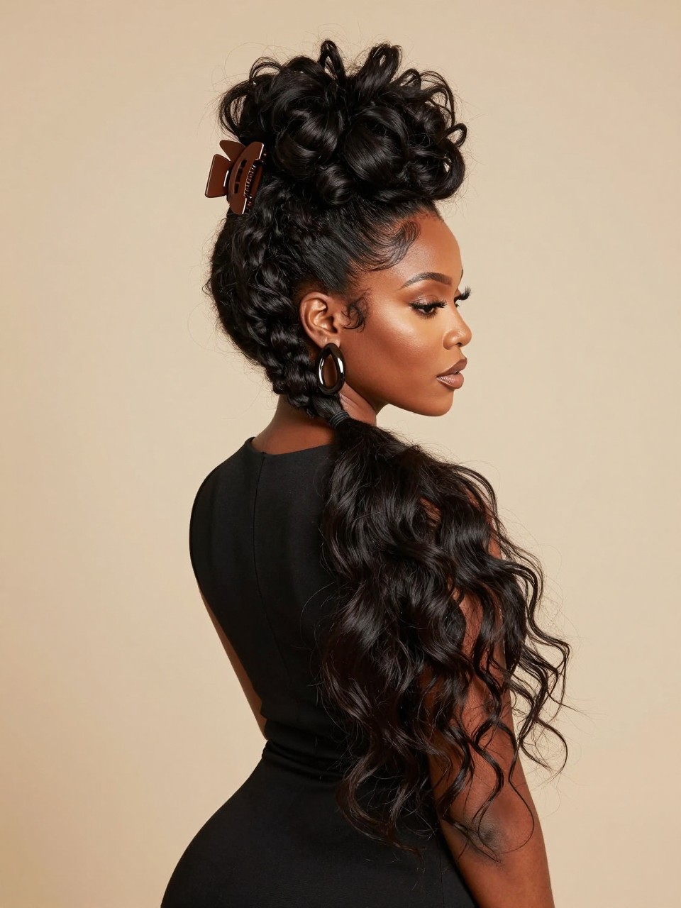 Image Prompt:
A realistic editorial beauty photo of a black woman with long thick textured hair styled into a voluminous updo secured with a large matte brown flat claw clip, soft volume at the crown, textured pieces spilling upward beautifully, statement earrings, fitted black dress, warm studio lighting, bold feminine hairstyle inspiration, high-resolution DSLR photography, no text, (no watermarks on images)