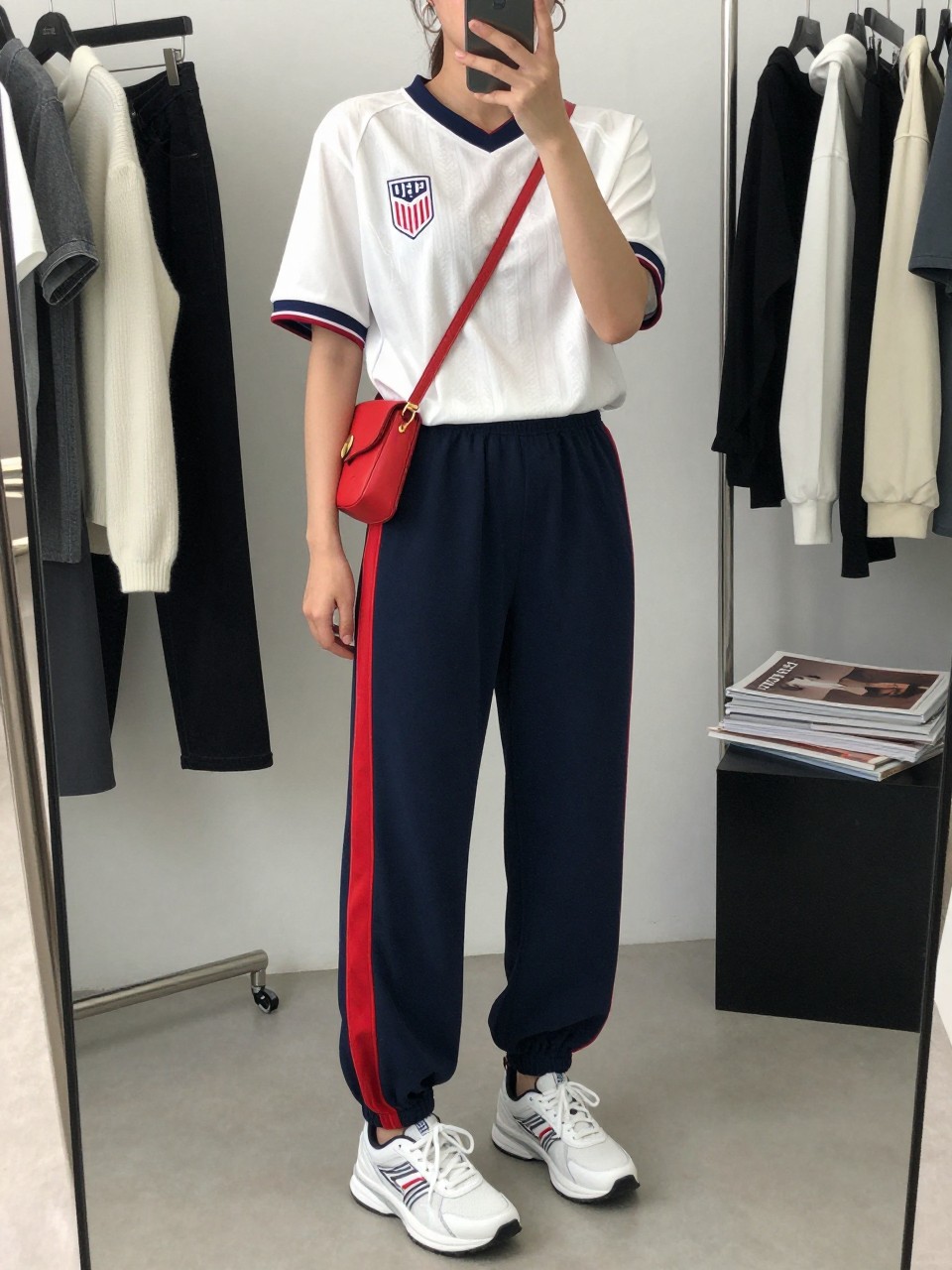 mirror selfie of a woman wearing a white USA soccer jersey, navy relaxed track pants with red side stripes, white running sneakers, red mini crossbody bag, and silver hoop earrings, clearly showing the same clothing items, colors, fabrics, and accessories listed in the Outfit Pieces section, holding a phone in front of a mirror, cropped at NECK so the face does not show, with a relaxed casual selfie pose, in a fashion studio mirror corner, soft indoor lighting, including a clothing rack with garments behind and a stack of fashion magazines on a side table, latest iPhone photo quality.