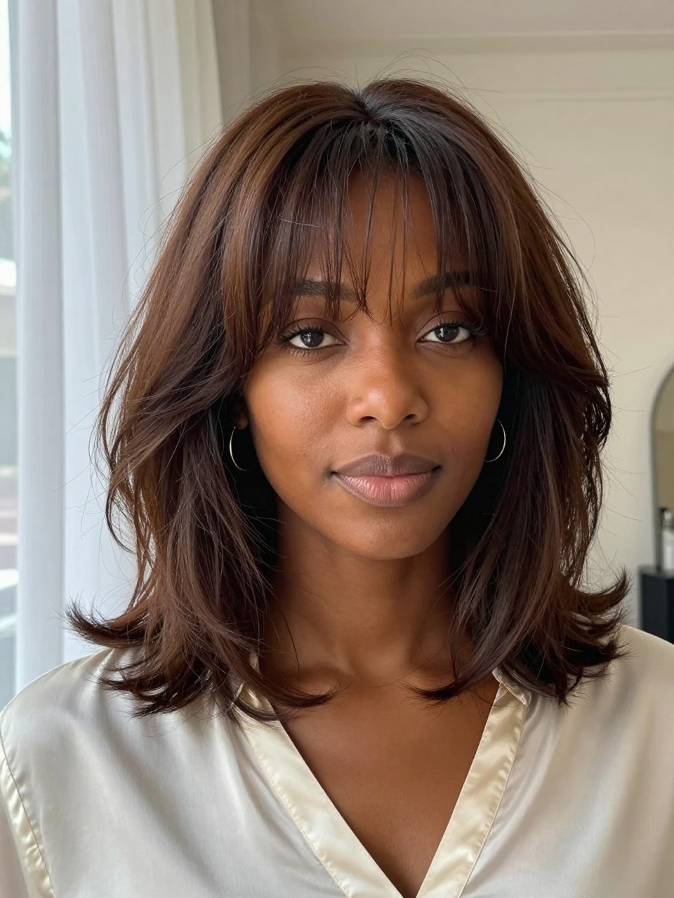 A realistic portrait of a Black woman with rich dark skin wearing an espresso brown lob with messy curtain fringe, collarbone-length hair, fringe parted softly in the center with uneven textured pieces falling around the brows, longer curved sides blending into the cheekbones, loose bends through the lob, ends flicked slightly outward, soft root volume, natural baby hairs, small gold hoops, ivory satin blouse, photographed indoors beside sheer curtains with soft daylight, neutral room background, realistic skin texture, visible flyaways, polished but natural hairstyle portrait.