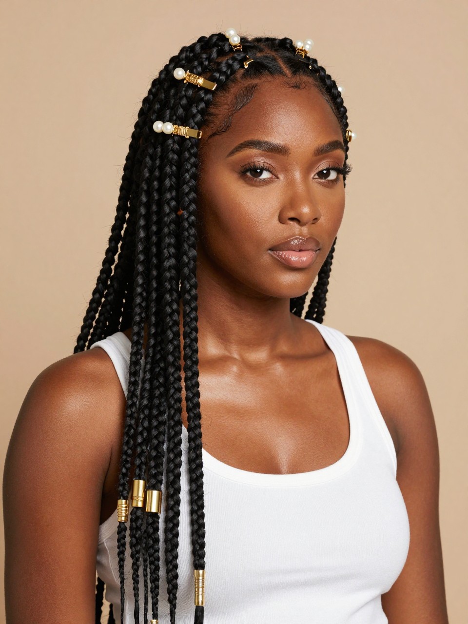 Image Prompt:
A realistic editorial portrait of a black woman with long knotless box braids styled half-up, several gold and pearl barrette clips placed throughout the front braids and near the crown, lower braids flowing over the shoulders, gold braid cuffs, white tank top, warm studio lighting, modern protective hairstyle inspiration, high-resolution DSLR photo, no text, (no watermarks on images)