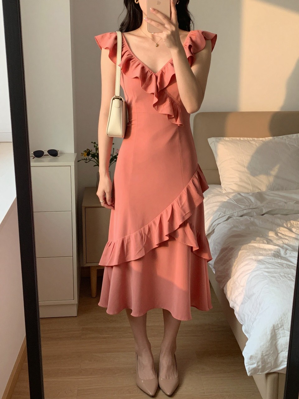 mirror selfie of a woman wearing a soft coral ruffle midi dress with nude kitten heels, small gold hoop earrings, a cream mini shoulder bag, and hair in soft curls, holding a phone in front of a mirror, cropped at NECK so face doesn't show, with a natural casual selfie pose, in a feminine-themed bedroom, evening golden hour, including small lived-in details like sunglasses on a dresser and soft pillows on the bed, latest iPhone photo quality (no watermarks on images)
