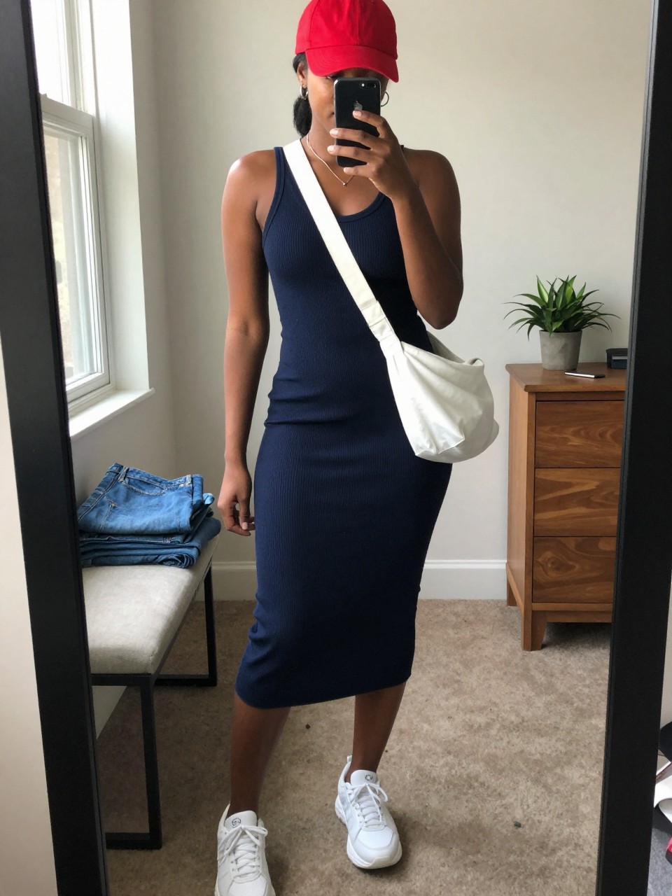Outfit Image Prompt:
mirror selfie of a Black woman with dark brown skin wearing a navy ribbed tank midi dress, red cotton baseball cap, white chunky sneakers, white nylon crossbody bag, and small silver hoop earrings, clearly showing the exact clothing items and accessories listed, holding a phone in front of a mirror, cropped at NECK so the face does not show, relaxed casual selfie pose, in a cozy bedroom mirror setup, natural window light, with folded denim jeans on a bench and a small plant on a dresser, realistic casual latest iPhone photo quality, natural skin texture.
