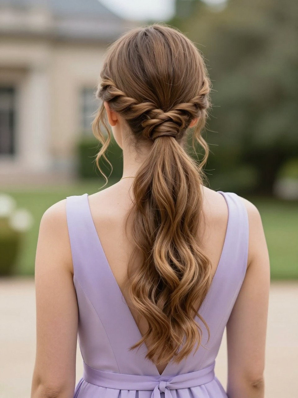 Image Prompt:
A realistic back-view beauty photo of a woman with long light brown hair styled into a low ponytail with two soft twisted crown sections meeting at the back, twists wrapped into the ponytail base, loose waves flowing through the ponytail, lavender wedding guest dress, outdoor estate wedding background, soft natural daylight, elegant creative ponytail hairstyle inspiration, high-resolution DSLR photo, no text, (no watermarks on images)