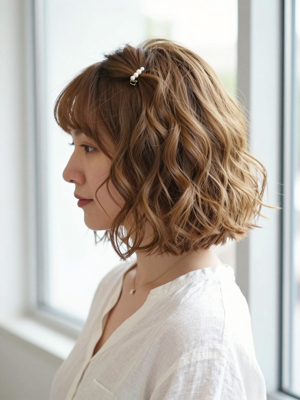 Image Prompt:
A realistic hairstyle photo of a woman with short wavy dark blonde bob hair styled half up half down with a tiny pearl claw clip at the crown, soft bends through the bob, front pieces lightly tucked back, white linen shirt, bright cafe window background, fresh daytime lighting, cute short hairstyle inspiration, high-resolution DSLR style, no text, (no watermarks on images)