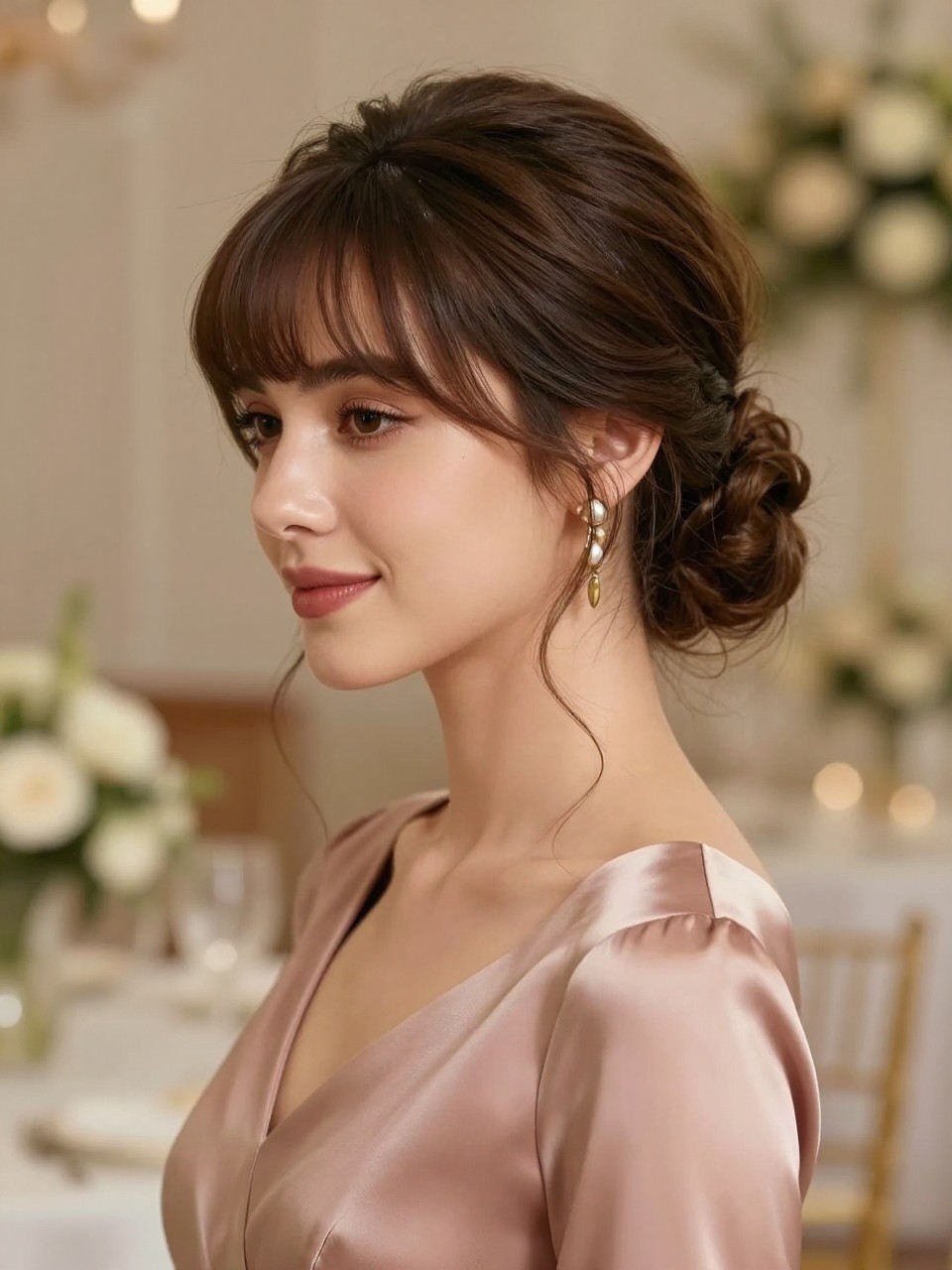 Image Prompt:
A realistic editorial beauty photo of a woman with medium-length brunette hair and curtain bangs styled into a soft volume updo for a wedding guest look, airy lift at the crown, loosely pinned bun at the back, bangs parted and framing the face, champagne earrings, dusty rose satin dress, elegant wedding venue background with blurred florals, warm flattering lighting, feminine modern updo inspiration, high-resolution DSLR photography, no text, (no watermarks on images)