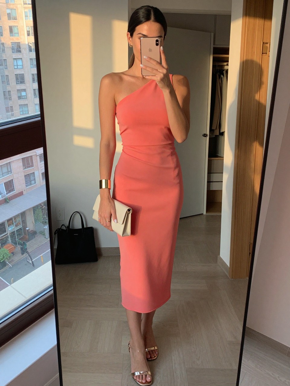 mirror selfie of a woman wearing a coral one-shoulder midi dress with champagne metallic sandals, a gold cuff bracelet, a cream small clutch, and hair in a sleek low ponytail, holding a phone in front of a mirror, cropped at NECK so face doesn't show, with a natural casual selfie pose, in a city apartment, evening golden hour, including small lived-in details like a tote bag on the floor and an open closet behind, latest iPhone photo quality (no watermarks on images)