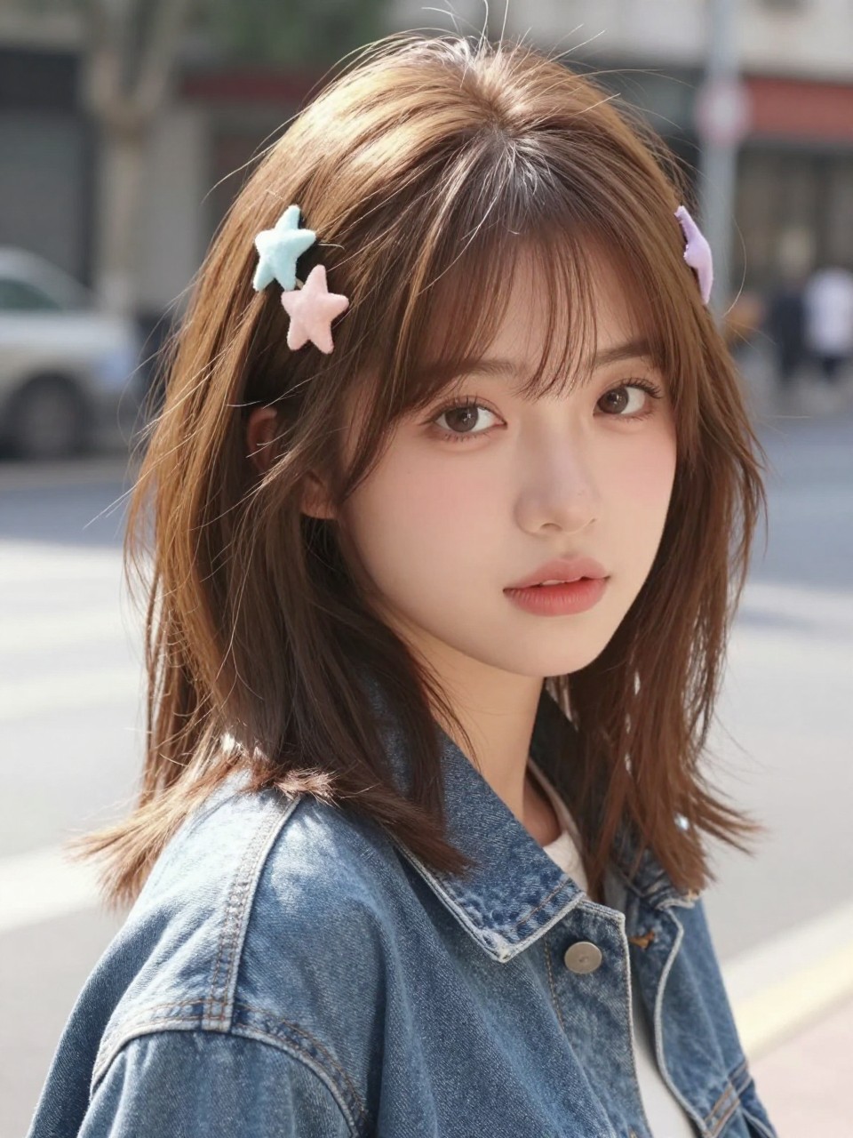 Image Prompt:
A realistic beauty photo of a woman with shoulder-length light brown hair styled with a center part and two small pastel star clips, one placed on each side near the temples, soft bends through the hair, youthful feminine look, denim jacket, sunny outdoor street background, bright natural daylight, cute casual hairstyle inspiration, high-resolution DSLR style, no text, (no watermarks on images)