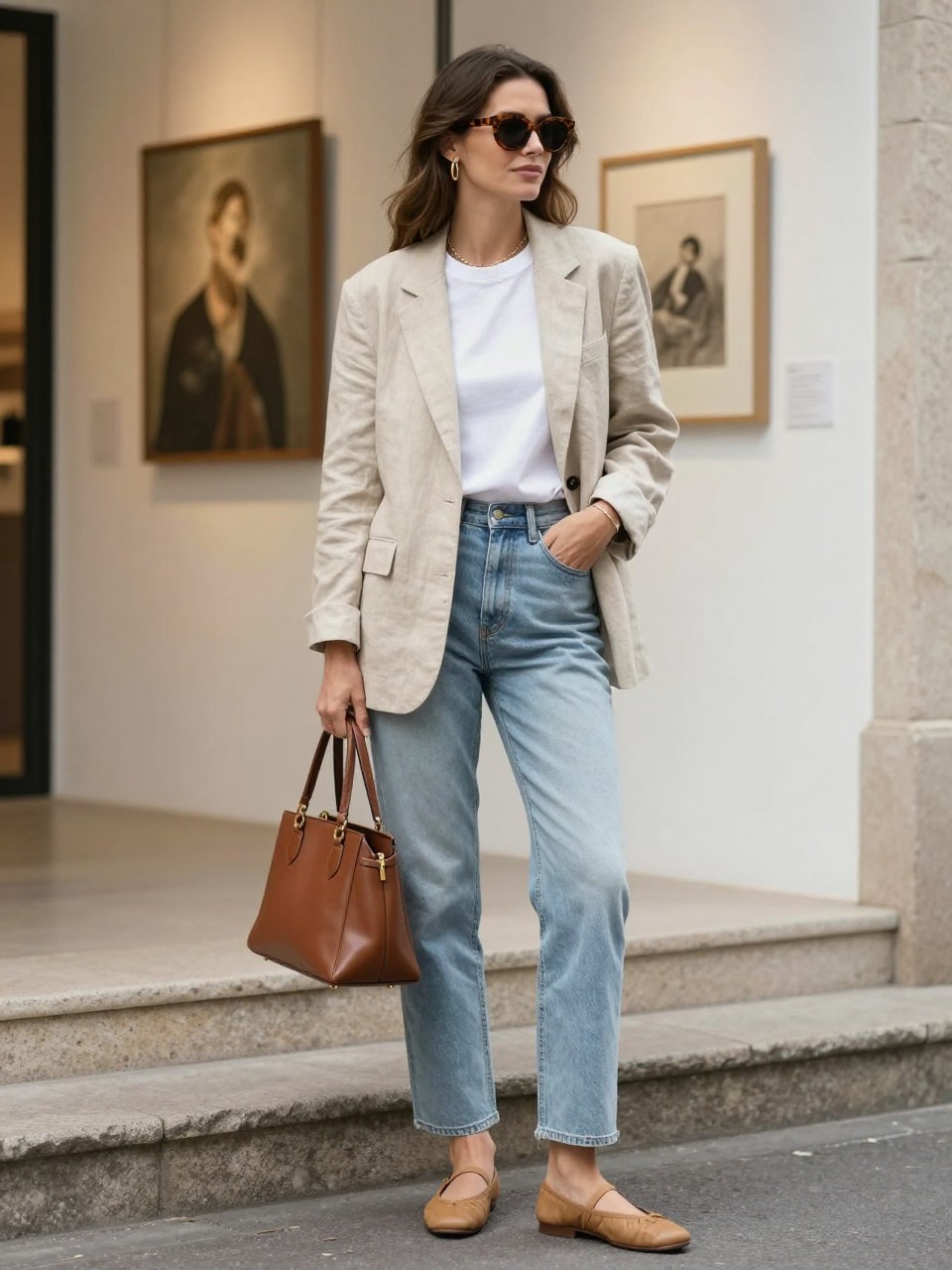 Image Prompt:
A chic old money casual outfit showing a woman wearing a soft beige linen blazer over a white crewneck T-shirt, light wash straight-leg jeans, tan ballet flats, a structured brown handbag, gold hoops, and tortoiseshell sunglasses. She is standing outside a small art gallery with white walls, stone steps, and warm daylight. Realistic DSLR editorial fashion image, polished casual blazer outfit, no text, no watermark.