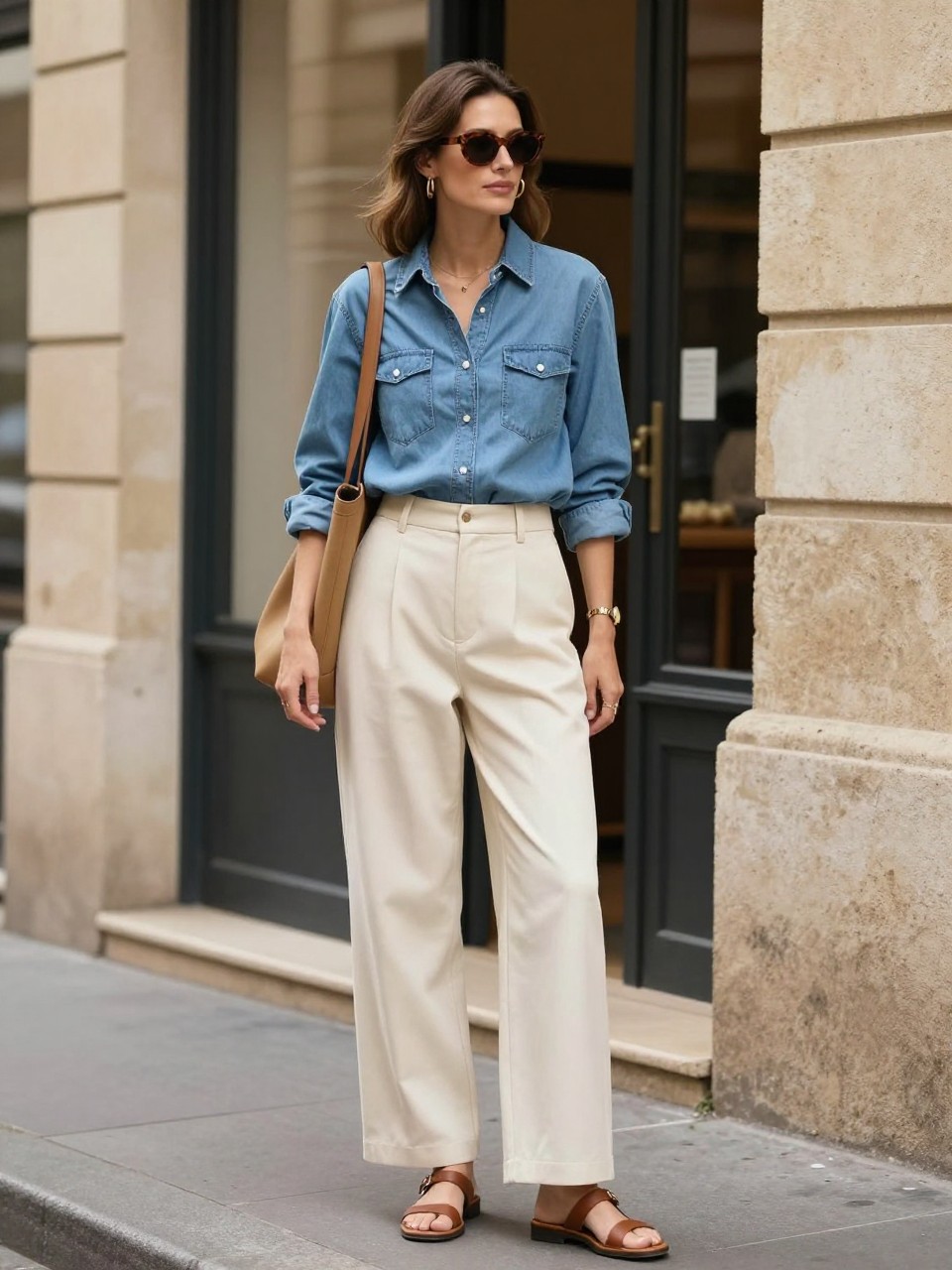 Image Prompt:
A polished casual old money outfit featuring a woman wearing a soft light blue denim button-down shirt tucked into cream wide-leg trousers, brown leather sandals, a tan shoulder bag, gold hoops, a slim watch, and tortoiseshell sunglasses. She is standing outside a classic bookstore on a sunny street with warm stone buildings. Realistic editorial street style photography, casual refined outfit, no text, no watermark.