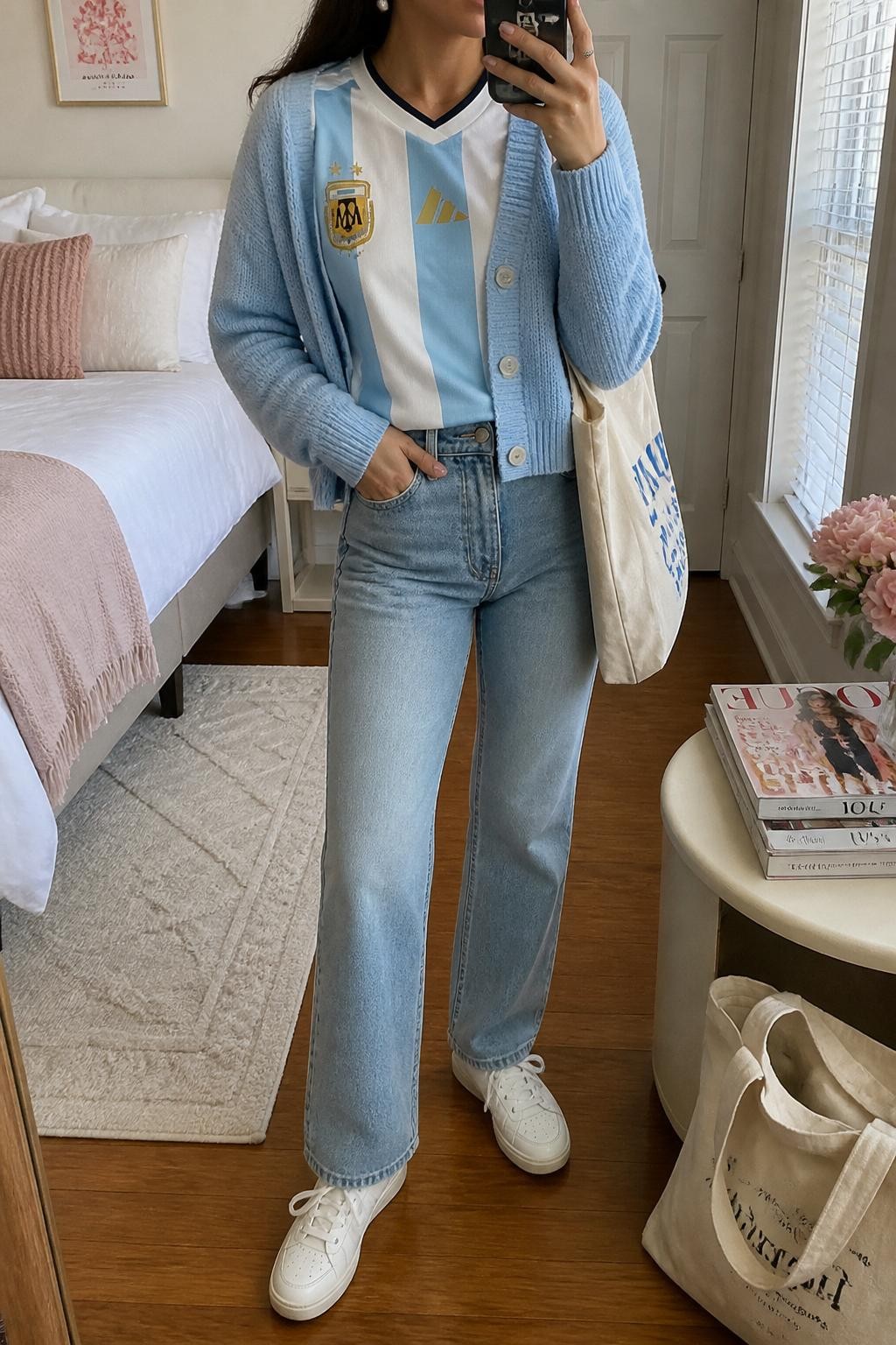 mirror selfie of a woman wearing a white Argentina soccer jersey layered under a powder blue cropped knit cardigan, light blue straight-leg jeans, white leather sneakers, cream canvas tote bag, and pearl stud earrings, clearly showing the same clothing items, colors, fabrics, and accessories listed in the Outfit Pieces section, holding a phone in front of a mirror, cropped at NECK so the face does not show, with a relaxed casual selfie pose, in a feminine-themed bedroom, natural window light, including a cream tote bag resting on the floor and a stack of fashion magazines on a side table, latest iPhone photo quality.