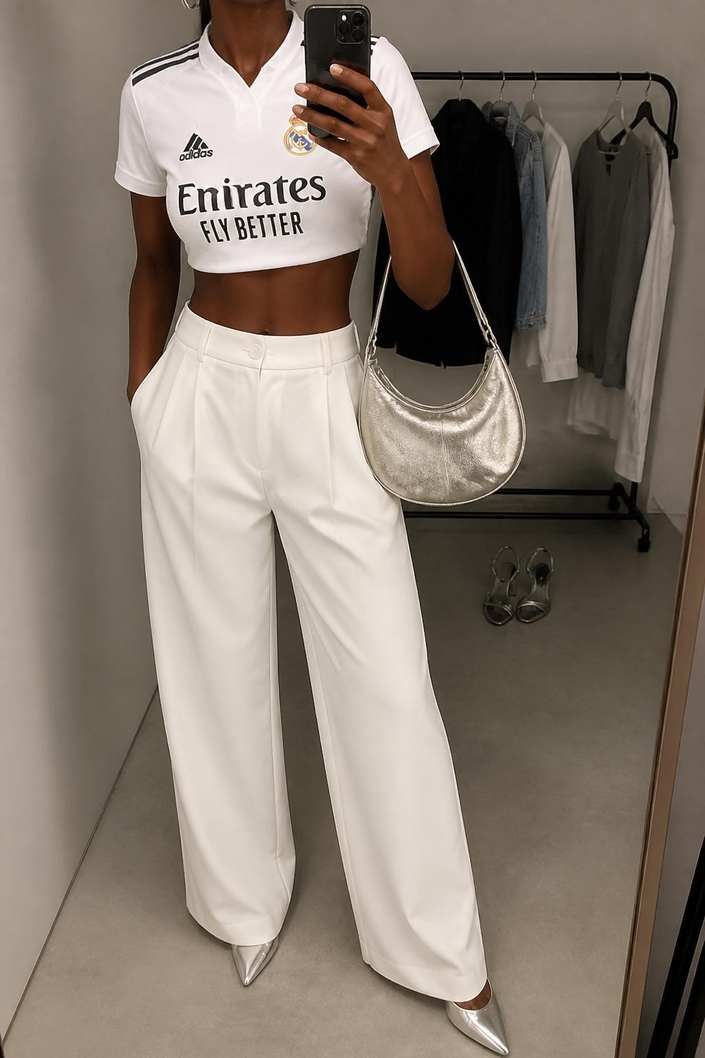 mirror selfie of a Black woman wearing a cropped white soccer jersey, white high-waisted wide-leg trousers, silver pointed heels, silver crescent shoulder bag, and delicate silver hoop earrings, clearly showing the same clothing items, colors, fabrics, and accessories listed in the Outfit Pieces section, holding a phone in front of a mirror, cropped at NECK so the face does not show, with a relaxed casual selfie pose, in a minimal dressing room, soft indoor lighting, including a clothing rack with garments behind and a pair of heels on the floor nearby, latest iPhone photo quality.