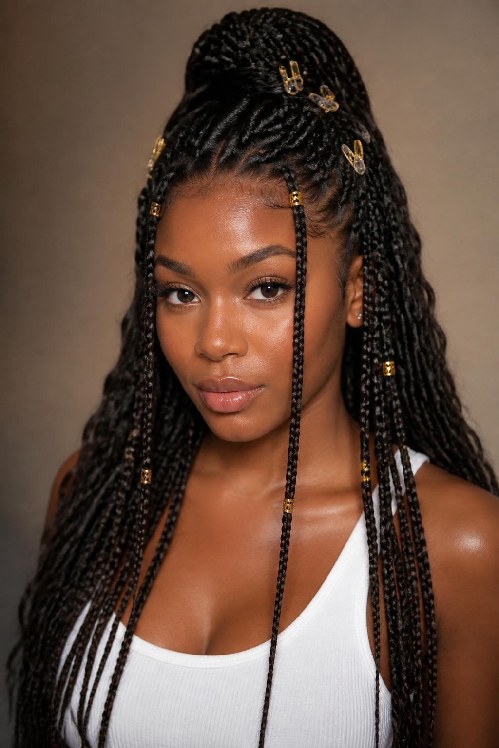 Image Prompt:
A realistic beauty portrait of a black woman with long knotless box braids styled half-up, several tiny clear and gold mini claw clips placed throughout the front braids and near the crown, lower braids flowing over the shoulders, gold braid cuffs, white tank top, warm studio lighting, modern protective hairstyle inspiration, high-resolution DSLR photo, no text, (no watermarks on images)