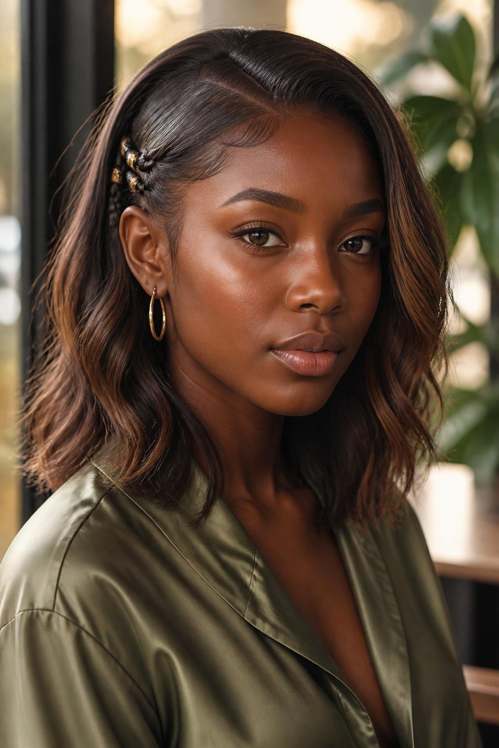 A realistic portrait of a Black woman with deep brown skin wearing a collarbone-length lob with loose soft waves, dark brown hair with subtle bronze highlights, one side tucked behind the ear, two tiny clean braids placed along the tucked side above the ear, small gold hair cuffs on the braids, middle part, waves falling softly at the collarbone, natural baby hairs, light flyaways, satin olive green blouse, simple hoop earrings, photographed by a cafe window with warm daylight and blurred plants in the background, realistic editorial photo, natural skin texture, soft lighting, detailed hairstyle focus.