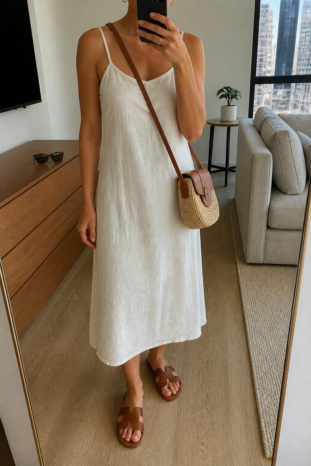 Outfit Image Prompt:
mirror selfie of a woman wearing a white linen midi dress with thin straps, brown leather flat sandals, a tan woven crossbody bag, gold hoop earrings, and slim tortoiseshell sunglasses, holding a phone in front of a mirror, cropped at NECK so the face does not show, relaxed casual selfie pose, in a stylish city apartment, natural window light, with sunglasses placed on a dresser and a small plant on a side table, realistic latest iPhone photo quality, soft natural skin texture, casual not overly polished.
