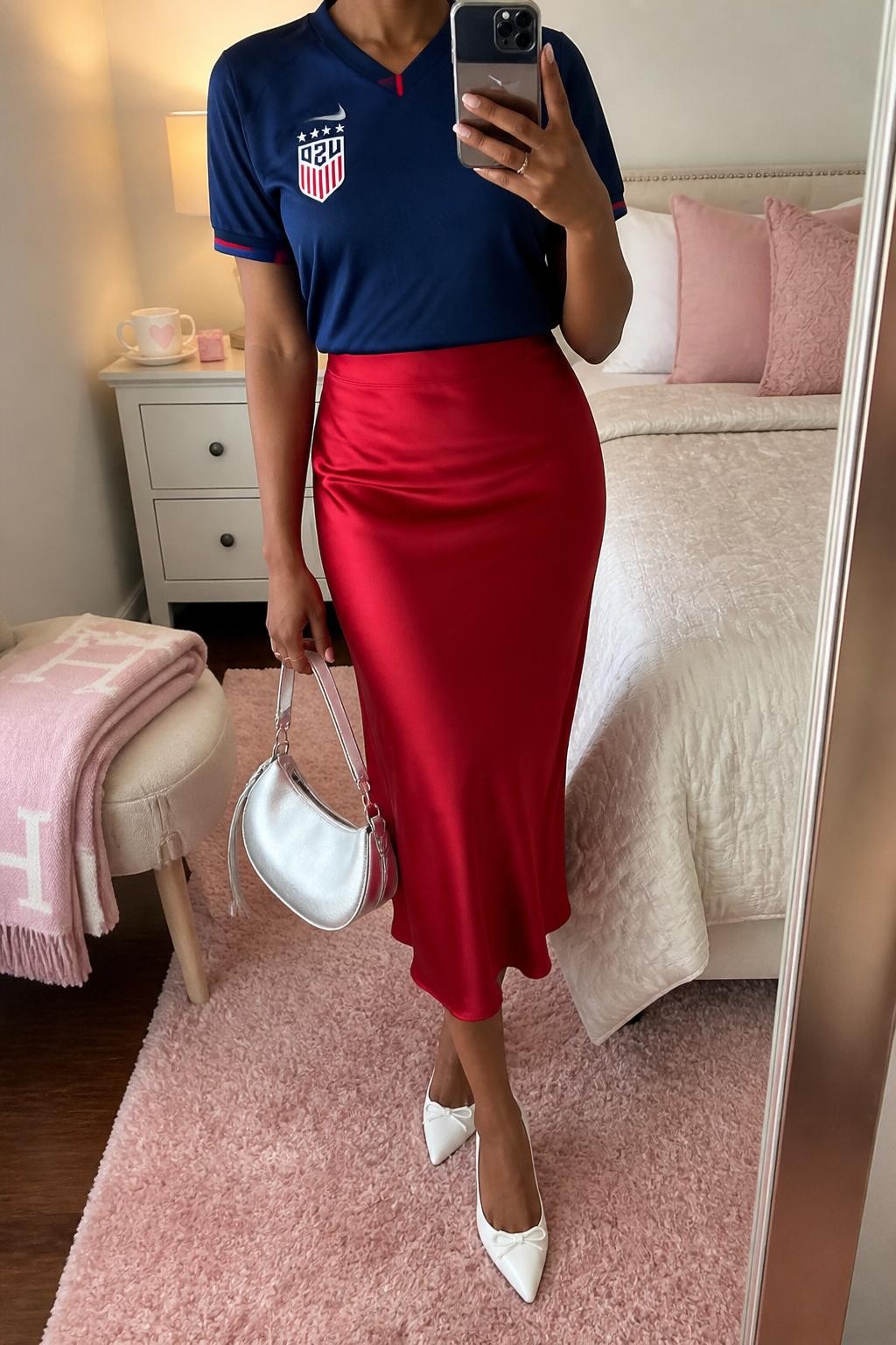 mirror selfie of a Black woman wearing a navy USA soccer jersey tucked into a red satin midi skirt, white pointed ballet flats, silver mini handbag, and delicate silver hoop earrings, clearly showing the same clothing items, colors, fabrics, and accessories listed in the Outfit Pieces section, holding a phone in front of a mirror, cropped at NECK so the face does not show, with a relaxed casual selfie pose, in a feminine-themed bedroom, soft indoor lighting, including a coffee mug on a bedside table and a folded blanket on a chair, latest iPhone photo quality.
