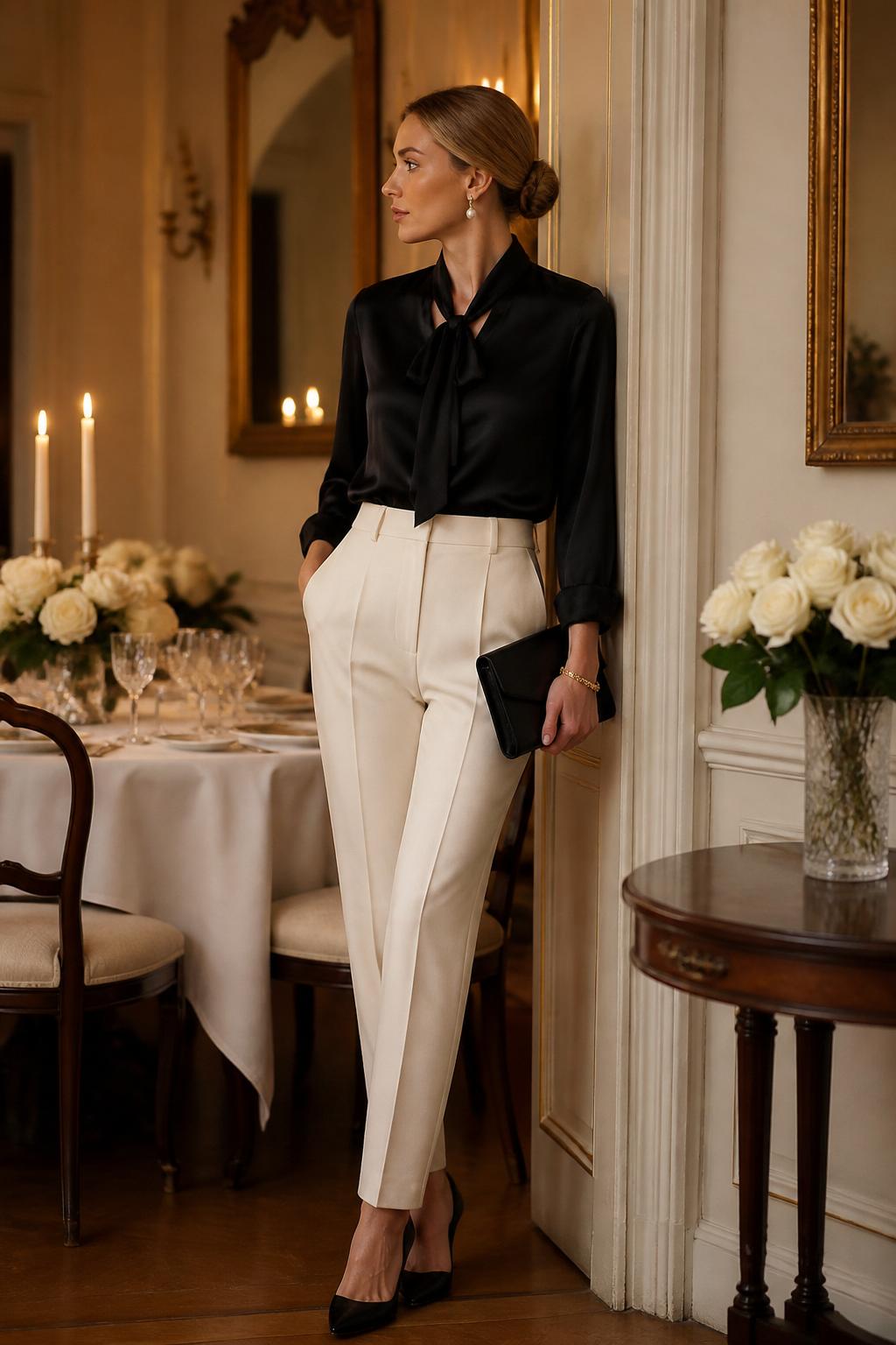 Image Prompt:
A classy old money outfit showing a woman wearing a black silk blouse with a soft bow neckline tucked into high-waisted ivory tailored trousers, black pointed heels, a black leather clutch, pearl earrings, a slim gold bracelet, and a neat low bun. She is standing inside an elegant dinner room with candlelight, cream walls, fresh white roses, and antique mirrors. Realistic DSLR editorial fashion photo, refined black and ivory outfit, soft silk texture, no text, no watermark.