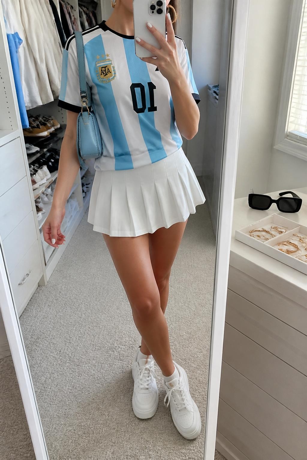 mirror selfie of a woman wearing a sky blue and white striped Argentina soccer jersey, white pleated tennis-style mini skirt, white chunky sneakers, pale blue mini shoulder bag, and gold hoop earrings, clearly showing the same clothing items, colors, fabrics, and accessories listed in the Outfit Pieces section, holding a phone in front of a mirror, cropped at NECK so the face does not show, with a relaxed casual selfie pose, in a walk-in closet mirror, natural window light, including sunglasses placed on a dresser and a jewelry tray on the vanity, latest iPhone photo quality.