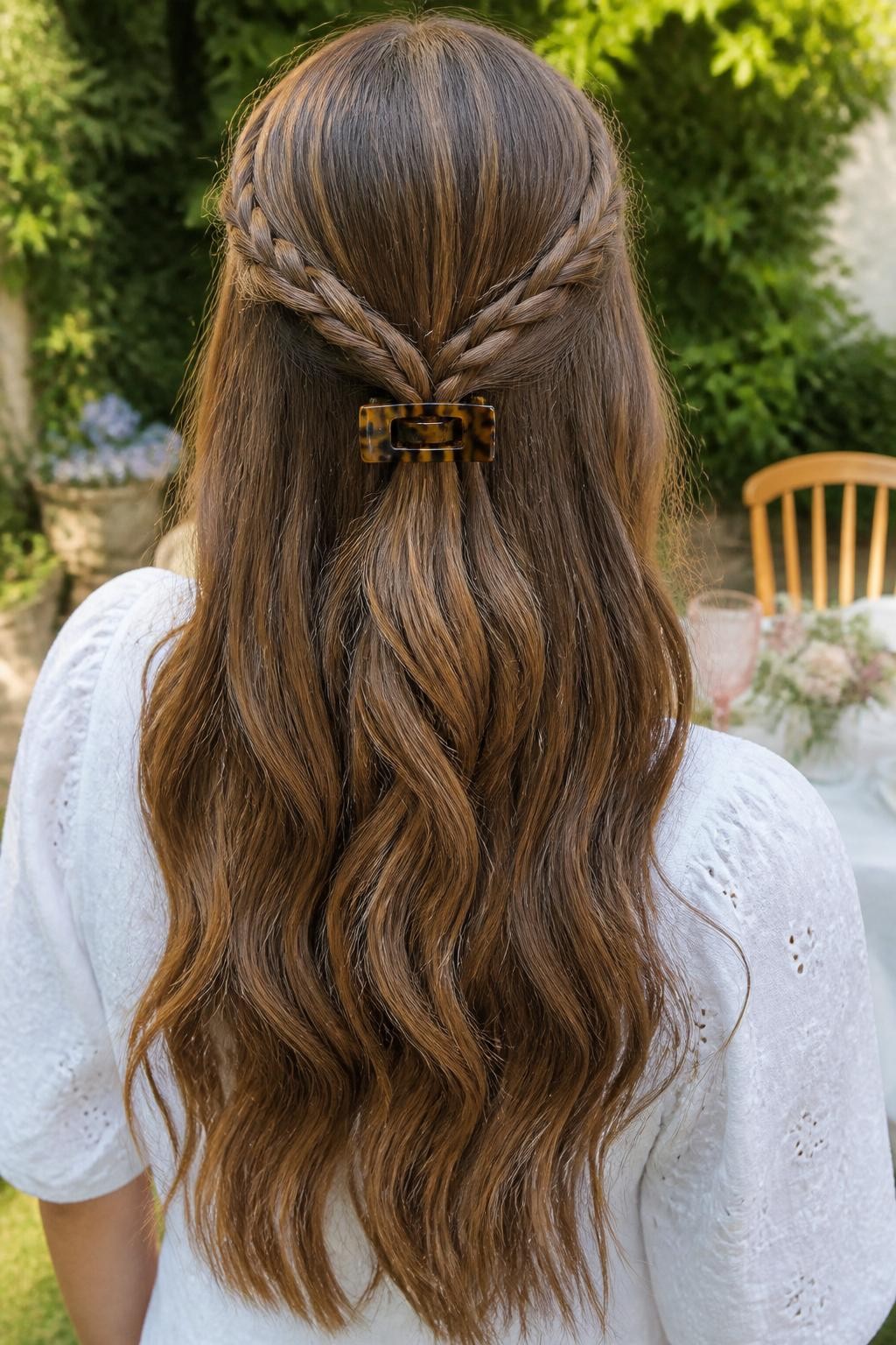 Image Prompt:
A realistic close-up back-view hairstyle photo of a woman with long light brown hair styled half-up with two thin side braids meeting at the back, braids secured with a rectangular tortoiseshell French clip, loose glossy waves flowing down, white eyelet blouse, outdoor garden table background, warm natural light, romantic braided hairstyle inspiration, high-resolution DSLR photography, no text, (no watermarks on images)