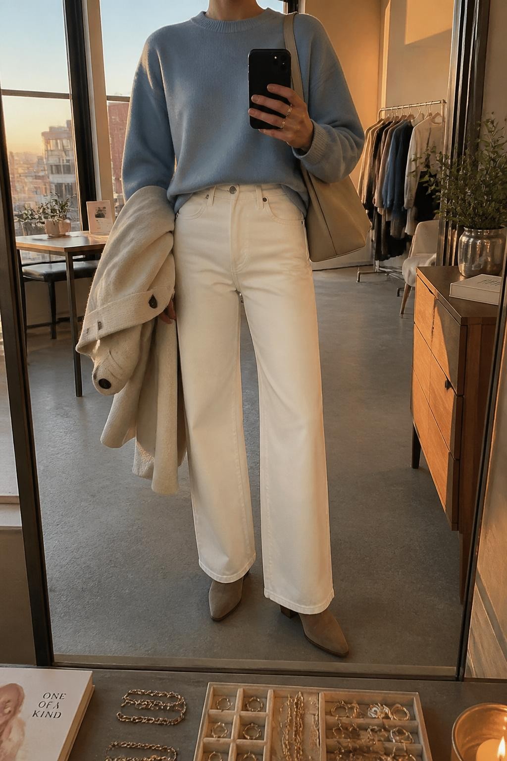 Outfit Image Prompt:
mirror selfie of a woman wearing a soft blue crewneck sweater, white high-waisted wide-leg jeans, tan suede ankle boots, a cream wool coat draped over one arm, and a beige shoulder bag, holding a phone in front of a mirror, cropped at NECK so the face does not show, relaxed casual selfie pose, in a fashion studio mirror corner with evening golden hour lighting, including a jewelry tray on the vanity and a small plant on a dresser, natural skin texture, realistic latest iPhone photo quality.