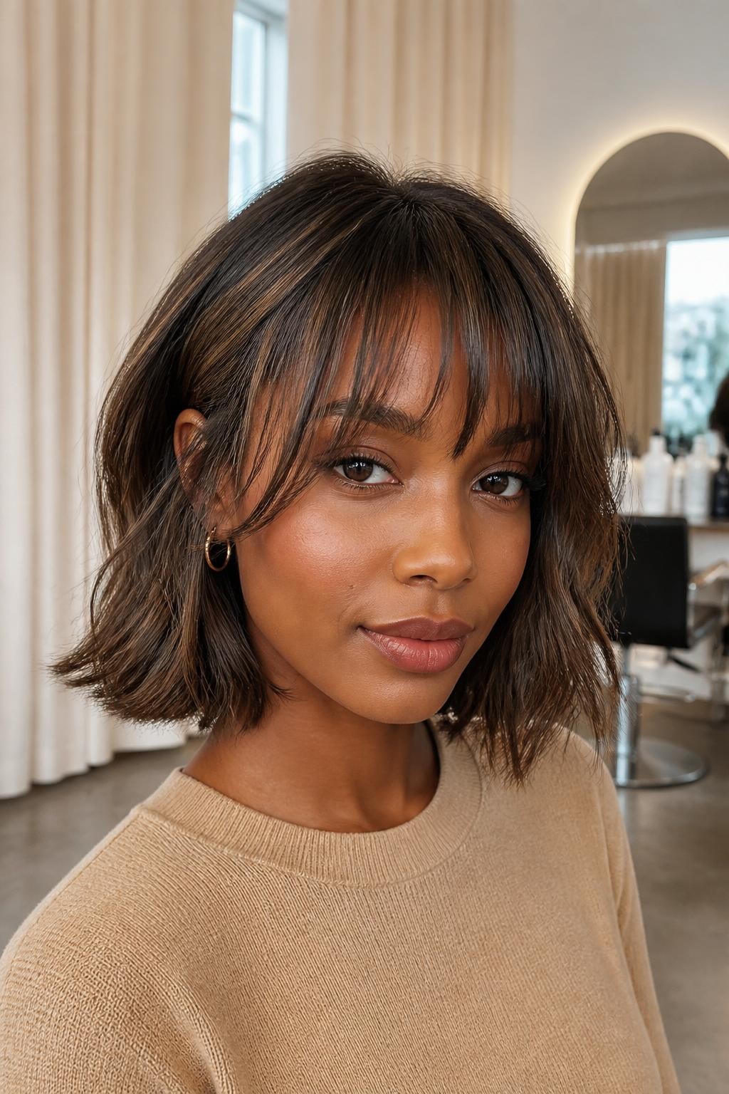 A realistic editorial portrait of a Black woman with deep brown skin wearing a soft textured bob with French wispy bangs, dark mocha brown hair with subtle bronze highlights, airy fringe falling lightly across the forehead, longer side pieces blending into a cheekbone frame, bob ending just above the shoulders, one side tucked behind the ear, soft loose bends through the ends, natural baby hairs, small gold hoops, camel knit top, photographed in a bright salon corner with blurred beige curtains, soft daylight, realistic strand detail, natural skin texture, modern polished but relaxed hairstyle photo.