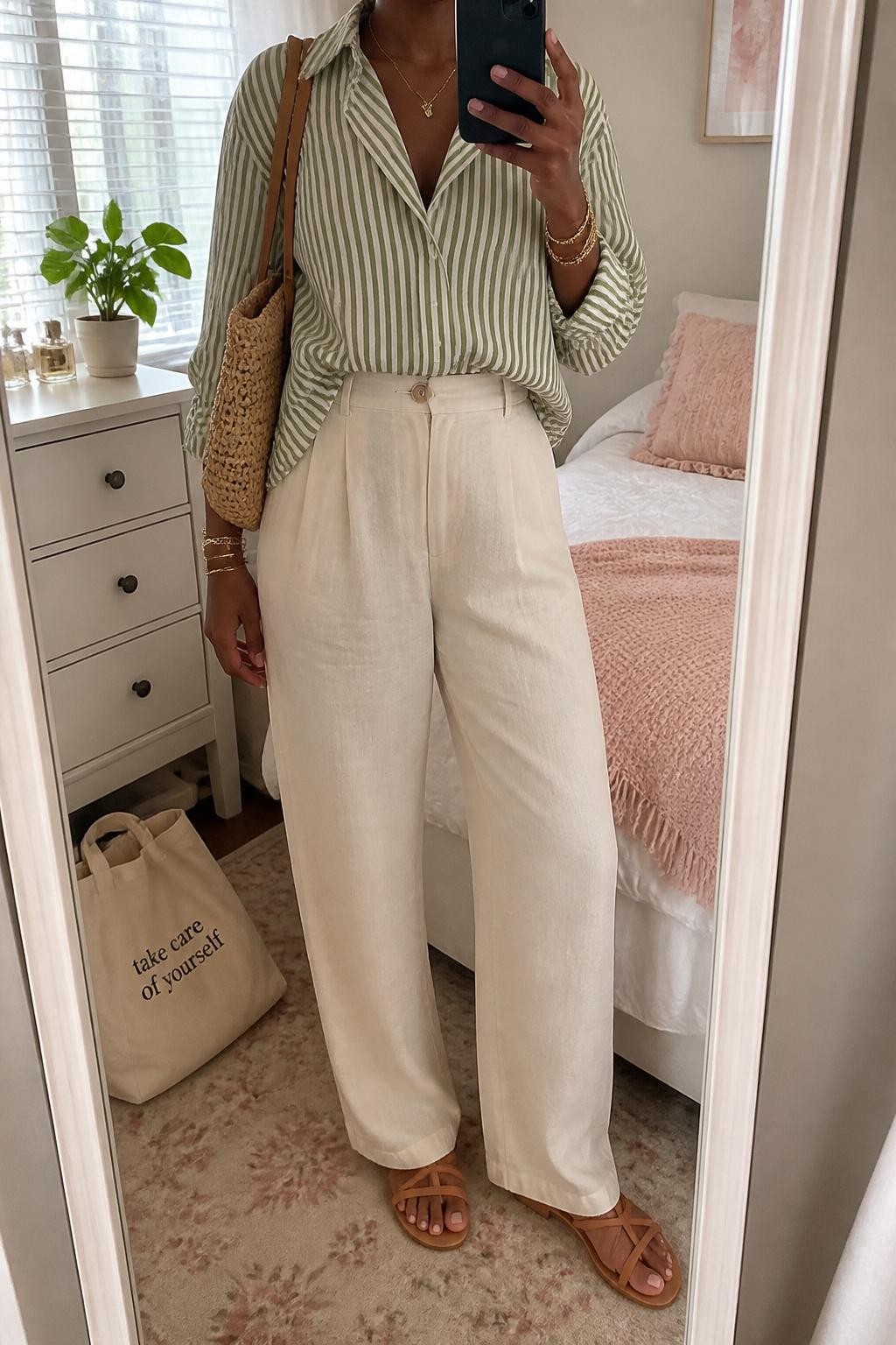 mirror selfie of a Black woman wearing a green and white stripe oversized shirt, cream high-waisted linen pants, tan strappy flat sandals, woven straw shoulder bag, and gold layered bracelets, clearly showing the same clothing items, colors, fabrics, and accessories listed in the Outfit Pieces section, holding a phone in front of a mirror, cropped at NECK so the face does not show, with a relaxed casual selfie pose, in a feminine-themed bedroom, natural window light, including a small plant on a dresser and a cream tote bag resting on the floor, latest iPhone photo quality.
