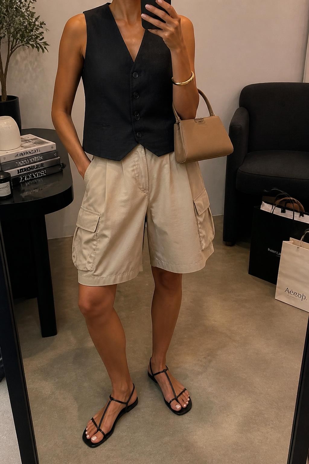 mirror selfie of a woman wearing beige baggy cargo shorts, black sleeveless linen vest buttoned at the front, black strappy flat sandals, tan structured mini bag, and gold bangle bracelet, clearly showing the same clothing items, colors, fabrics, and accessories listed in the Outfit Pieces section, holding a phone in front of a mirror, cropped at NECK so the face does not show, with a relaxed casual selfie pose, in a fashion studio mirror corner, warm moody lighting, including a stack of fashion magazines on a side table and shopping bags beside a chair, latest iPhone photo quality.