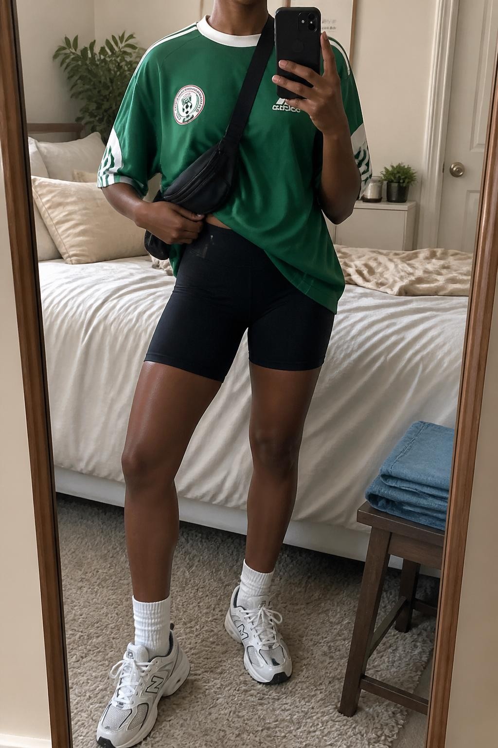 mirror selfie of a Black woman wearing an oversized green soccer jersey, black high-waisted biker shorts, white athletic sneakers, black nylon belt bag worn crossbody, and white crew socks, clearly showing the same clothing items, colors, fabrics, and accessories listed in the Outfit Pieces section, holding a phone in front of a mirror, cropped at NECK so the face does not show, with a relaxed casual selfie pose, in a cozy bedroom mirror setup, soft indoor lighting, including soft pillows on an unmade bed and folded denim jeans on a bench, latest iPhone photo quality.