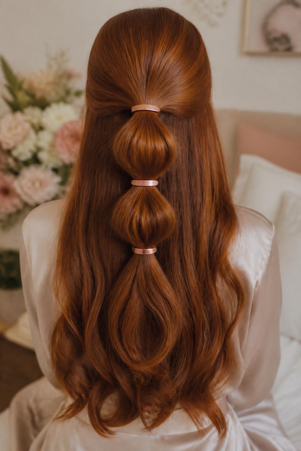Image Prompt:
A realistic back-view editorial beauty photo of a woman with long auburn hair styled in a half-up bubble hairstyle, gathered center section shaped into three soft bubbles and accented with slim blush flat hair clips between each bubble, loose curled ends flowing down the back, satin blouse, softly blurred floral bedroom background, warm glowy lighting, creative feminine hairstyle inspiration, high-resolution DSLR photo, no text, (no watermarks on images)