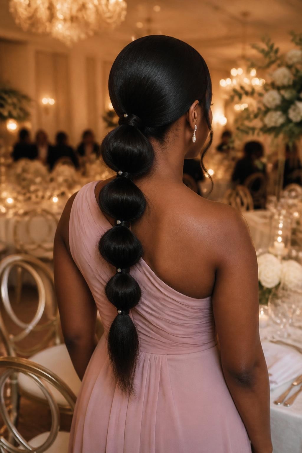 Image Prompt:
A realistic editorial back-view photo of a black woman with long relaxed hair styled into a low bubble ponytail for a wedding guest look, soft bubble sections shaped evenly down the ponytail, tiny pearl pins placed between each section, smooth side part, warm brown skin, blush formal dress, elegant ballroom wedding background, warm chandelier lighting, creative classy ponytail inspiration, high-resolution DSLR style, no text, (no watermarks on images)