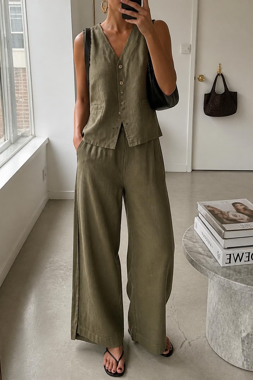Outfit Image Prompt:
mirror selfie of a woman wearing an olive linen button-front vest, matching olive linen wide-leg pants, black leather flat sandals, a small black shoulder bag, and gold sculptural earrings, holding a phone in front of a mirror, cropped at NECK so the face does not show, relaxed casual selfie pose, in a fashion studio mirror corner, natural window light, with a stack of fashion magazines on a side table and a handbag hanging on a door handle, realistic latest iPhone photo quality, polished casual vacation outfit.
