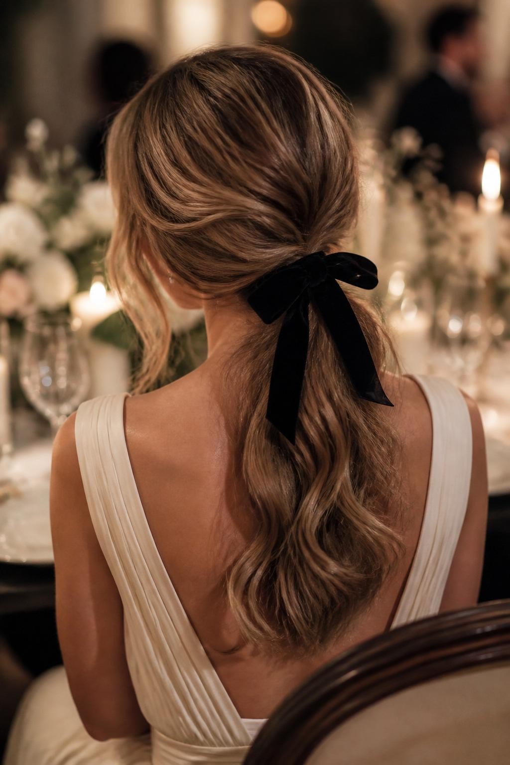 Image Prompt:
A realistic back-view hairstyle photo of a woman with medium-long dark blonde hair styled into a soft low ponytail tied with a black velvet bow, loose waves through the ponytail, gentle crown volume, curled tendrils near the face, cream formal dress, elegant candlelit wedding dinner background, romantic refined hairstyle inspiration, high-resolution DSLR photography, no text, (no watermarks on images)