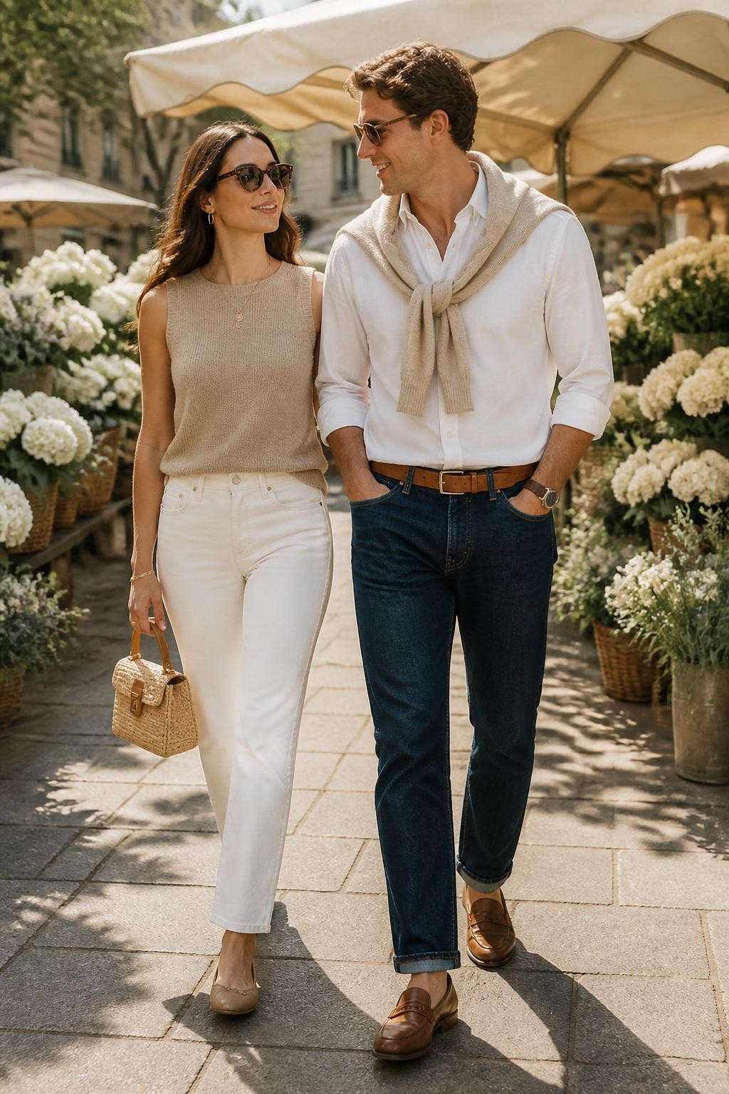 Image Prompt:
A relaxed old money couple outfit featuring a couple walking through a sunny flower market with white blooms, cream awnings, and warm morning light. The woman wears straight-leg white jeans, a beige sleeveless knit top, tan ballet flats, a small woven handbag, gold jewelry, and tortoiseshell sunglasses. The man wears dark straight-leg jeans, a white Oxford shirt with sleeves rolled, brown loafers, a tan belt, and a lightweight beige sweater tied over his shoulders. Both outfits should feel casual, classy, and coordinated through white, beige, tan, and denim tones. Realistic DSLR editorial street style photo, natural couple movement, full-body framing, no text, no watermark.