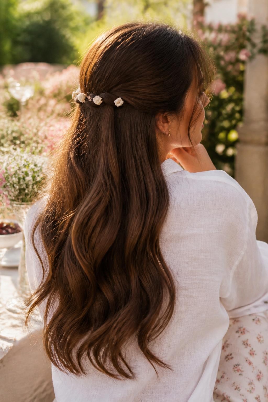 Image Prompt:
A realistic back and side view beauty photo of a woman with long chestnut brown hair styled with a soft half-up crown row of four tiny ivory mini claw clips placed in a gentle line across the back of the head, loose glossy waves flowing down, white linen blouse, garden brunch background, golden hour light, romantic feminine hairstyle inspiration, high-resolution DSLR photography, no text, (no watermarks on images)