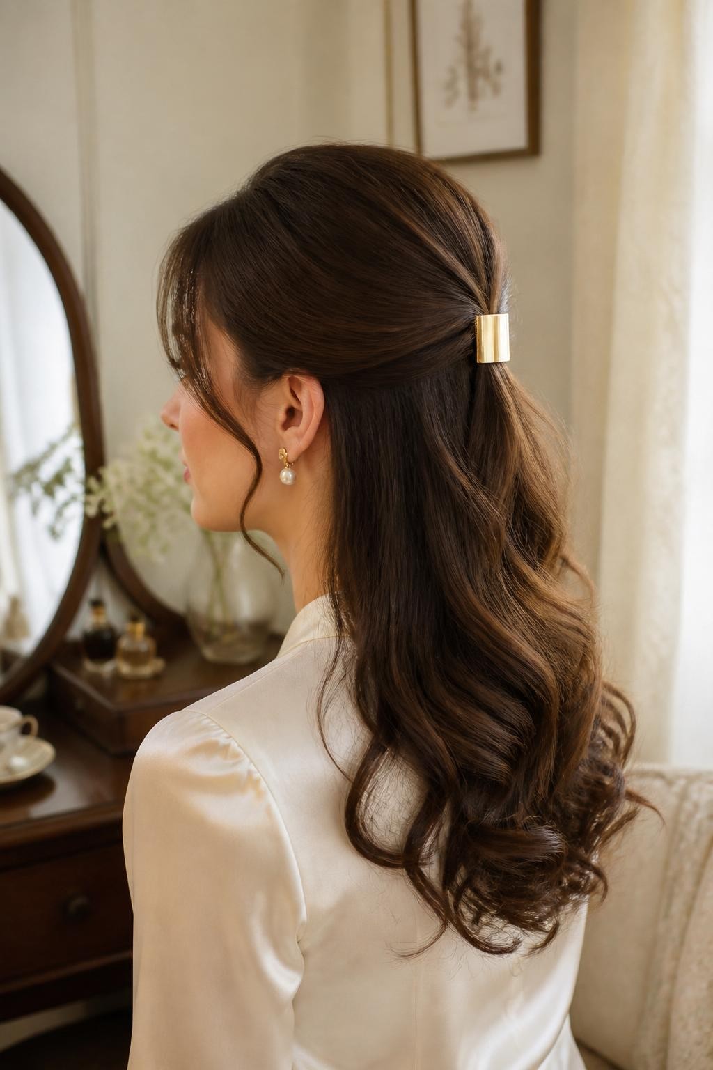 Image Prompt:
A realistic editorial beauty photo of a woman with long chestnut brown hair styled in a classic half-up hairstyle, top section smoothed back and secured with a wide gold flat hair clip at the crown, soft loose waves flowing over the shoulders, delicate face-framing strands, cream satin blouse, pearl earrings, warm natural window light, elegant bedroom vanity background, polished feminine hairstyle inspiration, high-resolution DSLR photography, no text, (no watermarks on images)