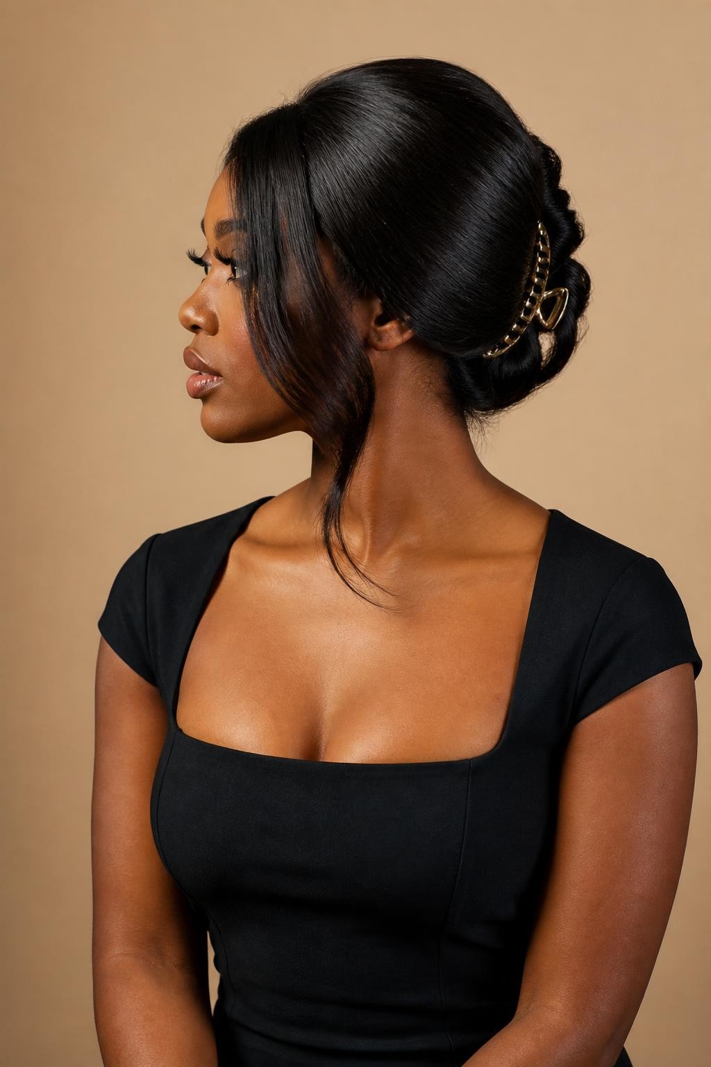 Image Prompt:
A realistic editorial portrait of a black woman with medium-long silk-pressed hair styled into a soft banana clip twist, sleek side part, smooth glossy finish, gold banana clip placed at the back, loose face-framing strands, fitted black dress, beige studio background, polished modern hairstyle inspiration, high-resolution DSLR quality, no text, (no watermarks on images)