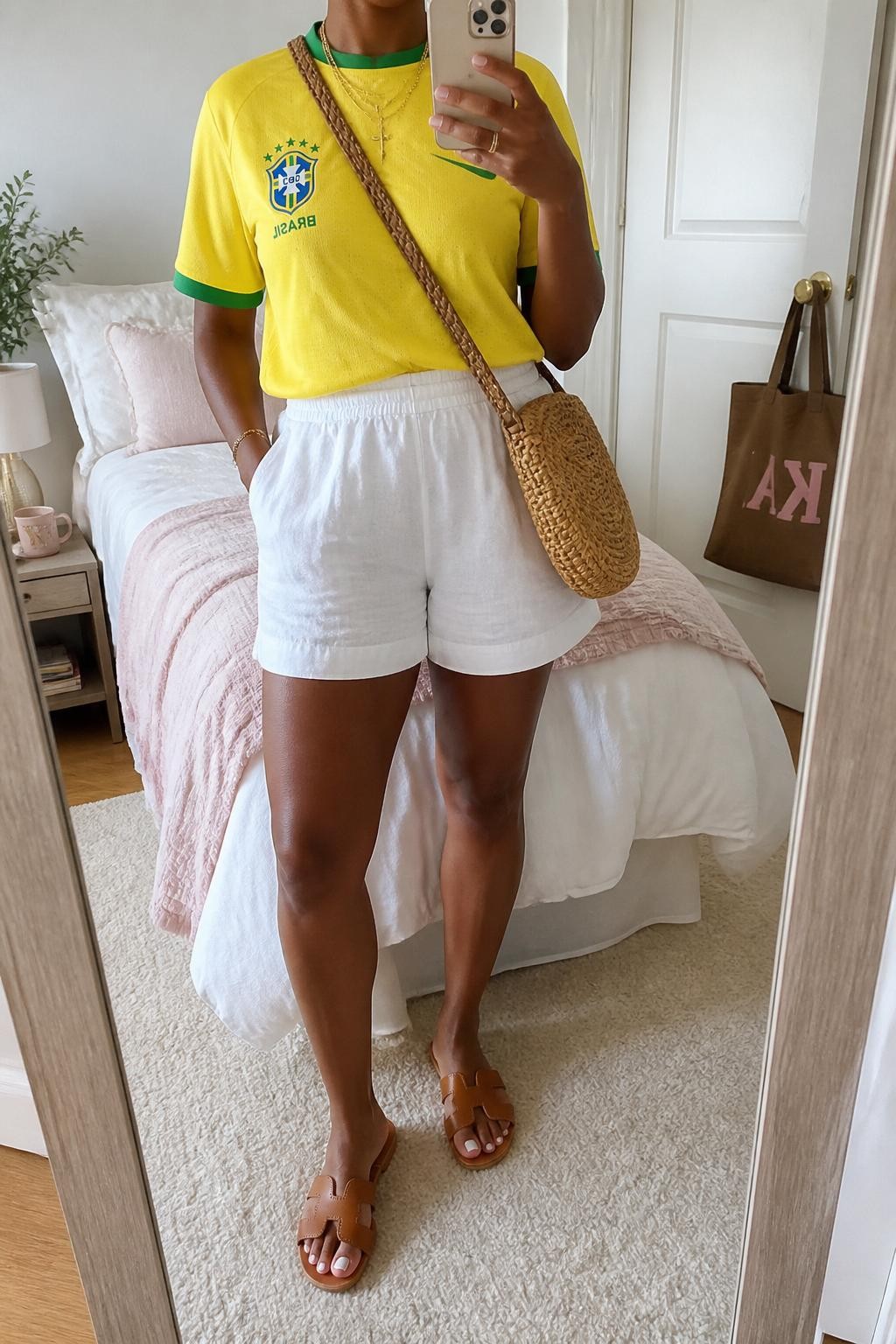 mirror selfie of a Black woman wearing a yellow Brazil soccer jersey with green trim, white high-waisted linen shorts, tan leather flat sandals, woven straw crossbody bag, and gold layered necklaces, clearly showing the same clothing items, colors, fabrics, and accessories listed in the Outfit Pieces section, holding a phone in front of a mirror, cropped at NECK so the face does not show, with a relaxed casual selfie pose, in a feminine-themed bedroom, natural window light, including a handbag hanging on a door handle and a coffee mug on a bedside table, latest iPhone photo quality.