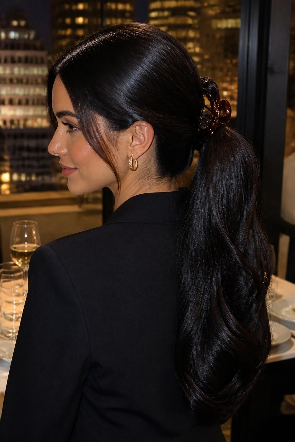 A realistic beauty photo of a woman with long glossy black hair styled into a banana clip ponytail with a deep side part, smooth side sweep, sleek lengths falling down the back, amber banana clip, gold earrings, tailored blazer, city restaurant background, soft warm lighting, chic evening hairstyle inspiration, high-resolution DSLR style, no text, (no watermarks on images)