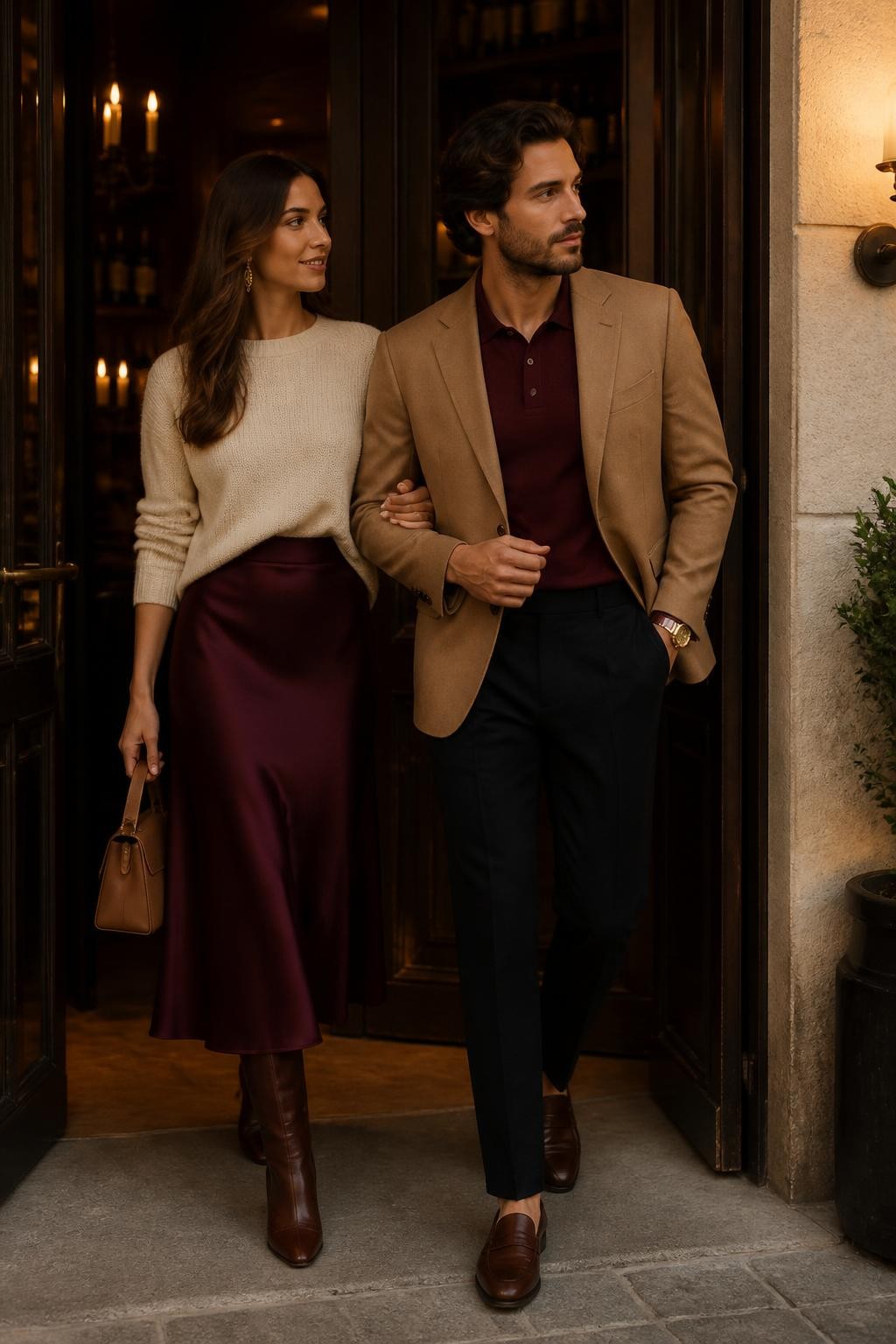Image Prompt:
A rich old money couple outfit featuring a couple walking into a candlelit wine bar with dark wood doors, warm wall lights, cream stone details, and an intimate evening mood. The woman wears a burgundy satin midi skirt with a cream cashmere sweater, brown heeled boots, a small camel handbag, gold drop earrings, and soft waves. The man wears a camel wool blazer over a burgundy knit polo, dark tailored trousers, brown leather loafers, and a classic gold watch. Both outfits should feel coordinated through burgundy, camel, cream, and brown tones. Realistic DSLR editorial fashion photo, classy couple dinner styling, no text, no watermark.