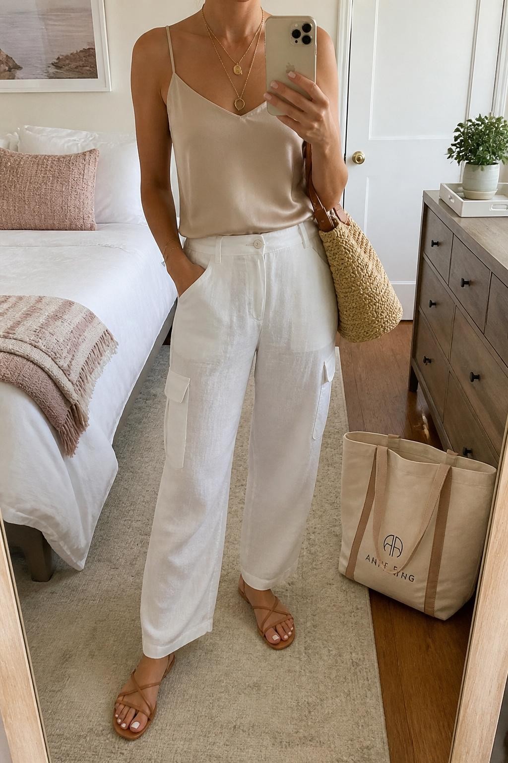 mirror selfie of a woman wearing white linen cargo pants, champagne satin camisole, tan strappy flat sandals, woven straw shoulder bag, and gold layered necklaces, clearly showing the same clothing items, colors, fabrics, and accessories listed in the Outfit Pieces section, holding a phone in front of a mirror, cropped at NECK so the face does not show, with a relaxed casual selfie pose, in a feminine-themed bedroom, natural window light, including a small plant on a dresser and a tote bag resting on the floor, latest iPhone photo quality.