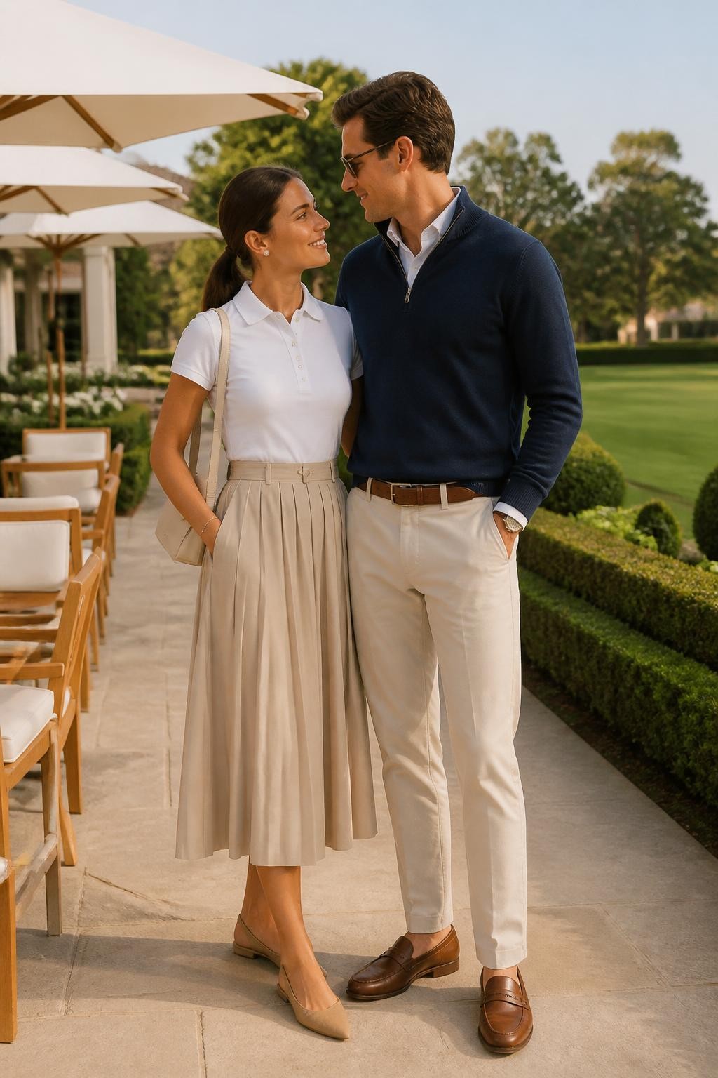 Image Prompt:
A polished old money couple outfit featuring a couple standing beside a country club patio with white umbrellas, green lawns, trimmed hedges, and soft afternoon light. The woman wears a beige pleated midi skirt with a white fitted polo shirt, tan slingback flats, pearl earrings, a cream shoulder bag, and a low ponytail. The man wears a navy quarter-zip sweater over a white collared shirt, beige chinos, brown loafers, a leather belt, and a classic watch. Both outfits should feel preppy, refined, and casual old money inspired. Realistic DSLR editorial lifestyle photo, full-body couple styling, no text, no watermark.