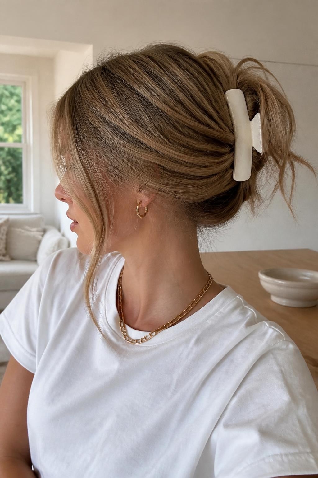 Image Prompt:
A realistic beauty photo of a woman with medium-length sandy blonde hair styled into a messy ponytail fold with a wide cream claw clip, hair gathered low and folded upward, ends falling loosely over the clip, face-framing strands, casual white tee, gold chain necklace, relaxed home background, clean natural light, easy everyday hairstyle inspiration, high-resolution DSLR photo, no text, (no watermarks on images)