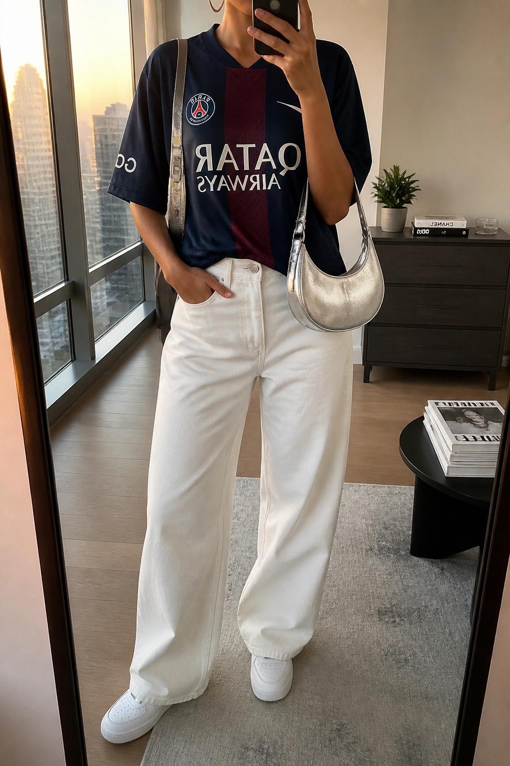 mirror selfie of a woman wearing an oversized navy soccer jersey, white high-waisted wide-leg jeans, white leather sneakers, silver crescent shoulder bag, and silver hoop earrings, clearly showing the same clothing items, colors, fabrics, and accessories listed in the Outfit Pieces section, holding a phone in front of a mirror, cropped at NECK so the face does not show, with a relaxed casual selfie pose, in a stylish city apartment, evening golden hour, including a small plant on a dresser and a stack of fashion magazines on a side table, latest iPhone photo quality.