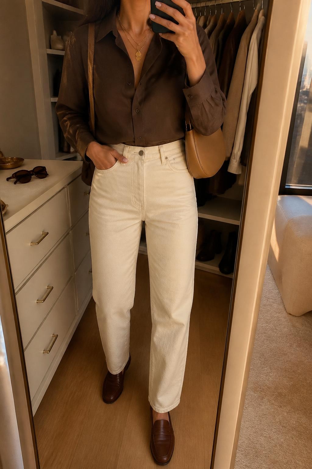 mirror selfie of a woman wearing a chocolate brown oversized button down shirt tucked into cream straight-leg jeans, brown leather loafers, tan crescent shoulder bag, and gold layered necklaces, clearly showing the same clothing items, colors, fabrics, and accessories listed in the Outfit Pieces section, holding a phone in front of a mirror, cropped at NECK so the face does not show, with a relaxed casual selfie pose, in a walk-in closet mirror, evening golden hour, including an open closet with clothes visible and sunglasses placed on a dresser, latest iPhone photo quality.