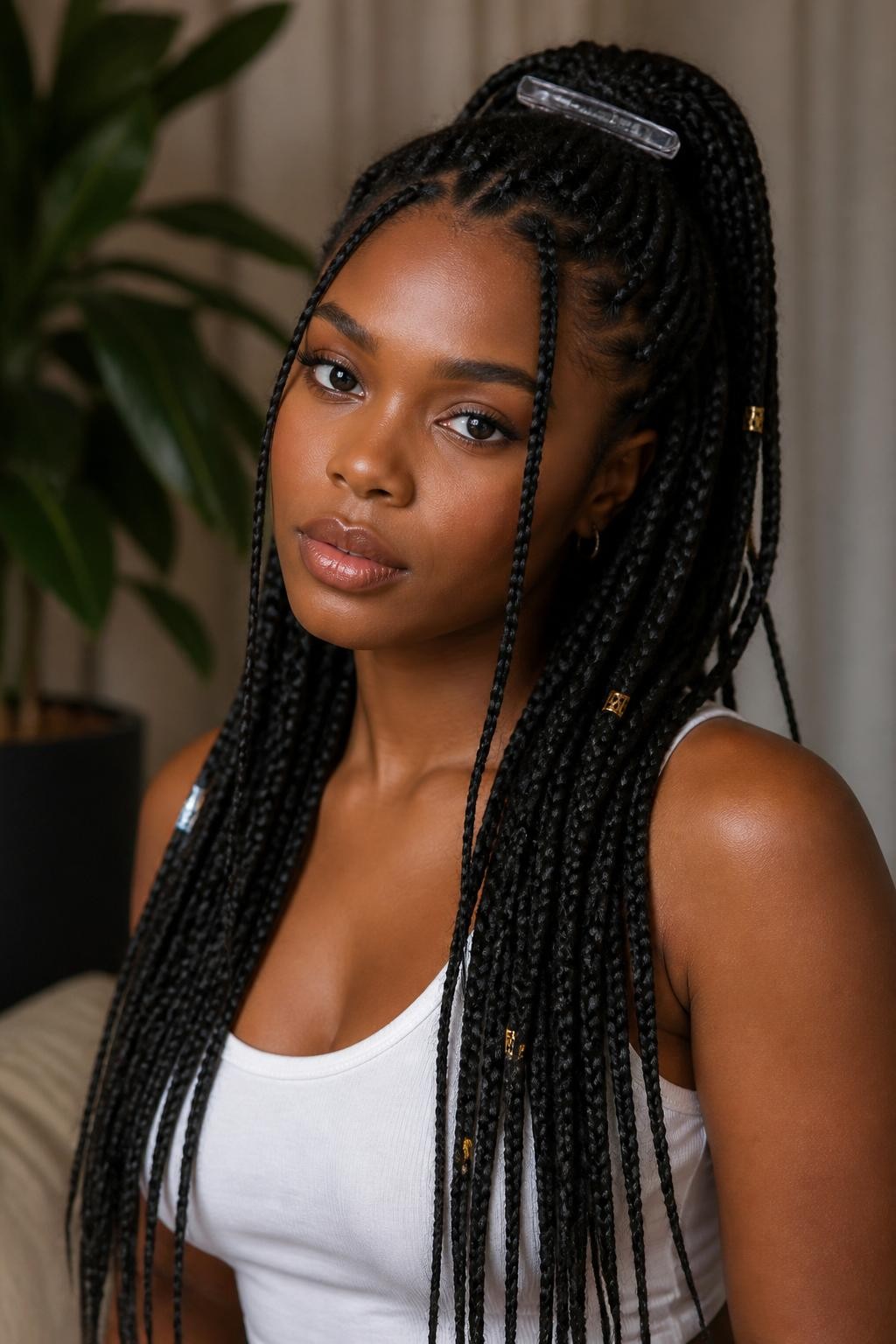 Image Prompt:
A realistic editorial portrait of a black woman with long knotless box braids styled half up half down with a large clear acrylic claw clip, top braids gathered at the crown and clipped back, lower braids flowing over the shoulders, a few front braids left loose, gold braid cuffs, simple white tank top, warm studio light, modern protective hairstyle inspiration, high-resolution DSLR photo, no text, (no watermarks on images)