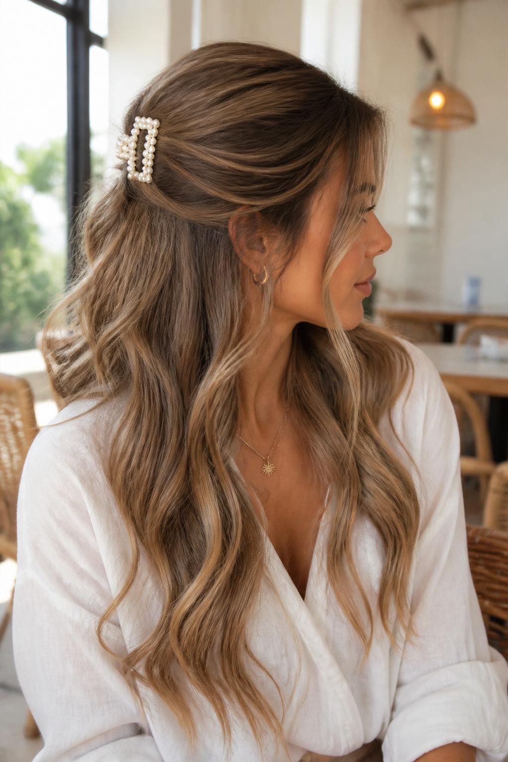 Image Prompt:
A realistic beauty photo of a woman with long honey brown wavy hair styled half up half down with a flat pearl claw clip at the crown, loose waves flowing over the shoulders, soft face-framing tendrils, white linen blouse, delicate necklace, airy cafe background, bright natural daylight, feminine romantic hairstyle inspiration, high-resolution DSLR style, no text, (no watermarks on images)