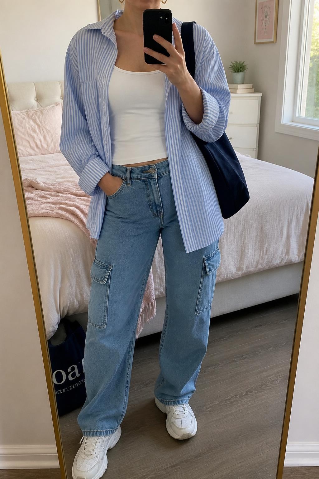 mirror selfie of a woman wearing medium blue cargo jeans, oversized blue and white striped button-down shirt worn open over a white fitted tank, white chunky sneakers, navy canvas tote bag, and small gold hoop earrings, clearly showing the same clothing items, colors, fabrics, and accessories listed in the Outfit Pieces section, holding a phone in front of a mirror, cropped at NECK so the face does not show, with a relaxed casual selfie pose, in a feminine-themed bedroom, natural window light, including a tote bag resting on the floor and a small plant on a dresser, latest iPhone photo quality.