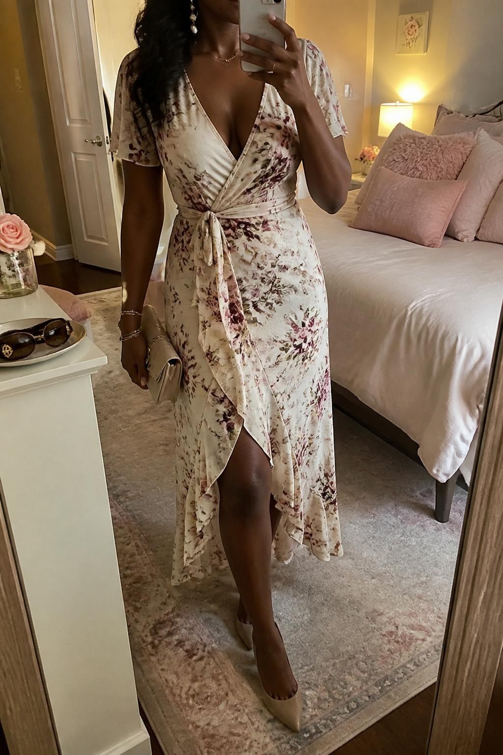 mirror selfie of a black woman wearing a soft floral wrap dress with nude kitten heels, pearl drop earrings, a champagne mini clutch, and a half-up hairstyle, holding a phone in front of a mirror, cropped at NECK so face doesn't show, with a natural casual selfie pose, in a feminine-themed bedroom, evening golden hour, including small lived-in details like sunglasses on a dresser and soft pillows on the bed, latest iPhone photo quality (no watermarks on images)