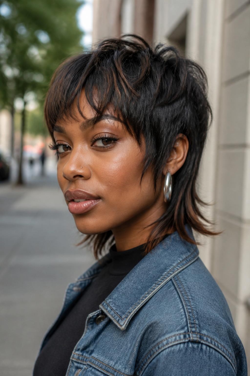 A realistic portrait of a Black woman with warm brown skin wearing a soft mullet haircut with choppy messy forehead fringe, dark espresso hair with soft cinnamon highlights at the ends, short textured crown layers, choppy fringe falling unevenly across the forehead, longer sideburn pieces, soft mullet length at the nape, piecey flipped ends, natural baby hairs, silver hoops, black fitted top under a denim jacket, photographed on a quiet city sidewalk in soft daylight, blurred street background, realistic hair texture, natural skin detail, modern street-style beauty portrait.